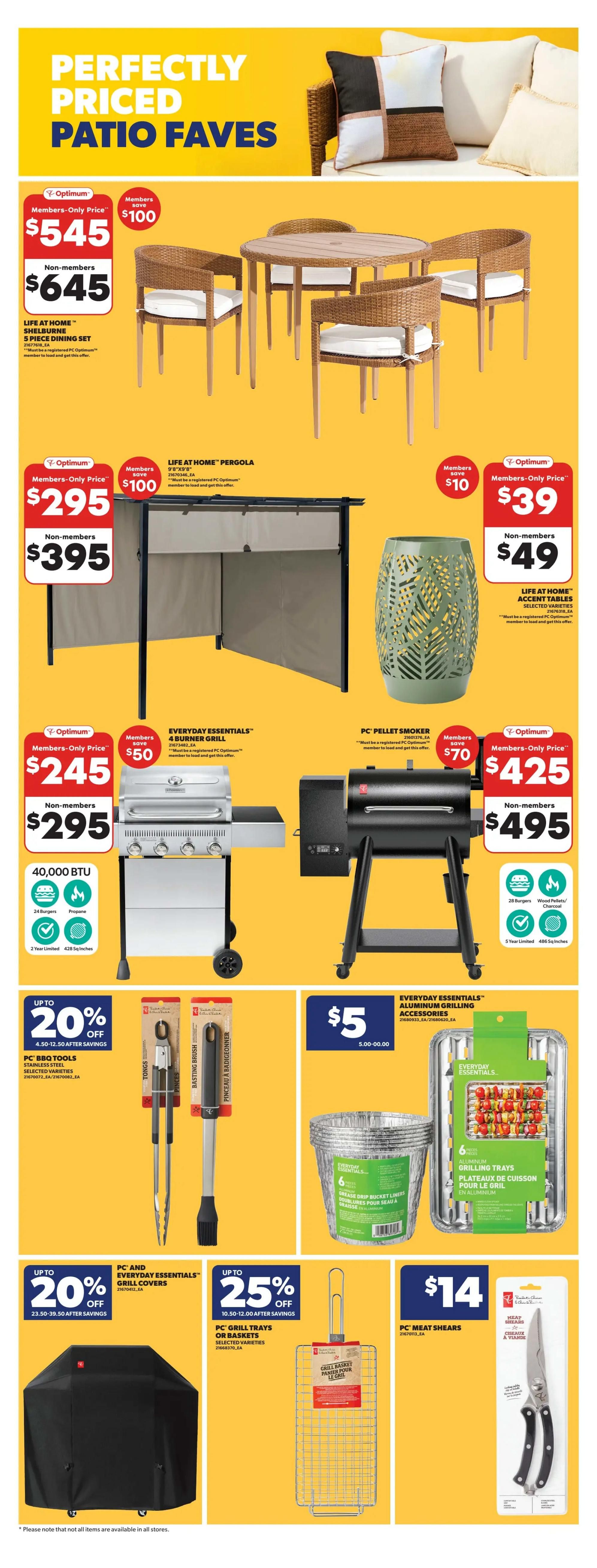 Real Canadian Superstore flyer page 30 featuring 'Perfectly Priced Patio Faves'. Offers include a Life at Home Shelburne 5-piece dining set for members-only price of $545 (non-members $645), saving $100. A Life at Home Pergola is $295 for members (non-members $395), saving $100. A PC Pellet Smoker is $425 for members (non-members $495), saving $70. An Everyday Essentials 4-burner grill is $245 for members (non-members $295), saving $50. Life at Home accent tables are $39 for members (non-members $49), saving $10. PC BBQ tools are up to 20% off. Everyday Essentials aluminum grilling accessories are $5. PC grill trays or baskets are up to 25% off. PC Meat Shears are $14. Also featured are PC and Everyday Essentials grill covers.