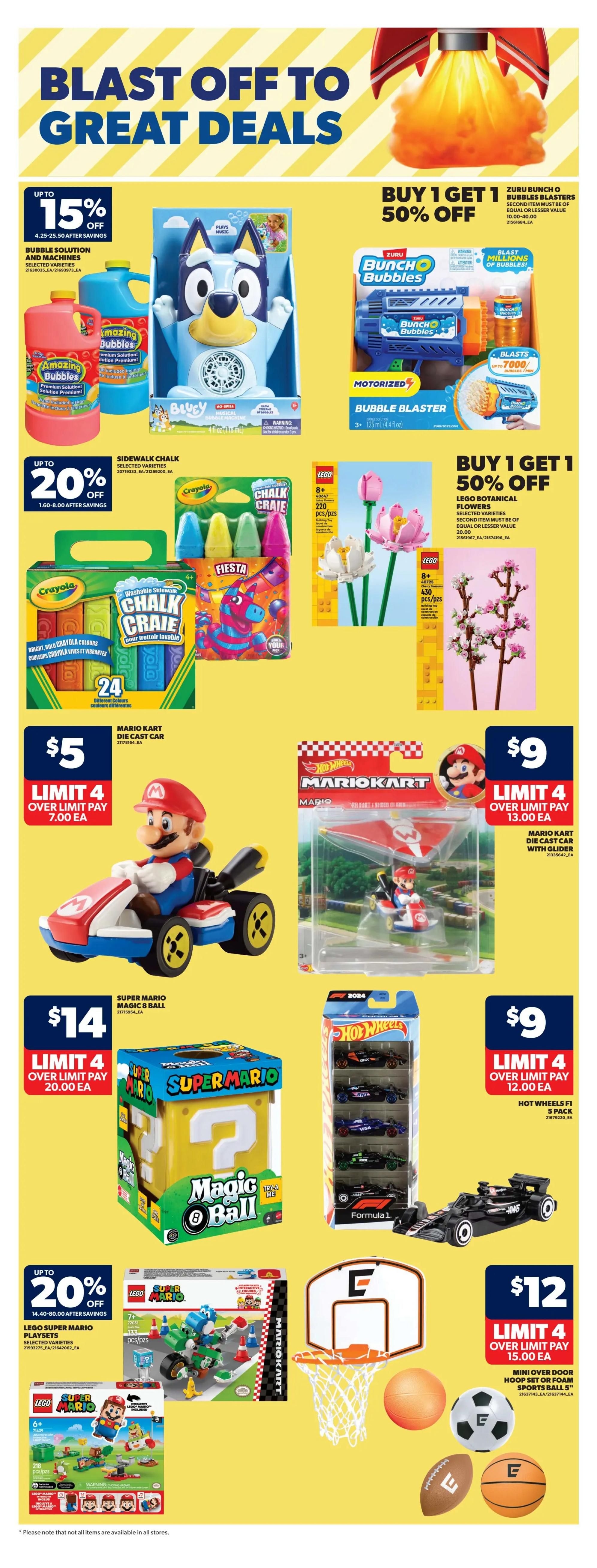 Real Canadian Superstore weekly flyer specials page 31 featuring 'Blast Off to Great Deals'. Offers include up to 15% off bubble solution and machines, and Buy 1 Get 1 50% off Zuru Bunch O Bubbles blasters. Also featured is up to 20% off Crayola Sidewalk Chalk, and Buy 1 Get 1 50% off LEGO Botanical Flowers. Toys include a Bluey bubble machine, a motorized bubble blaster, and LEGO sets. Mario Kart items are on sale: Mario Kart die cast car with glider for $9 (limit 4, over limit pay $13.00 ea), and Super Mario Magic 8 Ball for $14 (limit 4, over limit pay $20.00 ea). Hot Wheels F1 5 pack is $9 (limit 4, over limit pay $12.00 ea). LEGO Super Mario playsets are up to 20% off. A mini over-the-door hoop set or foam sports ball is $12 (limit 4, over limit pay $15.00 ea).