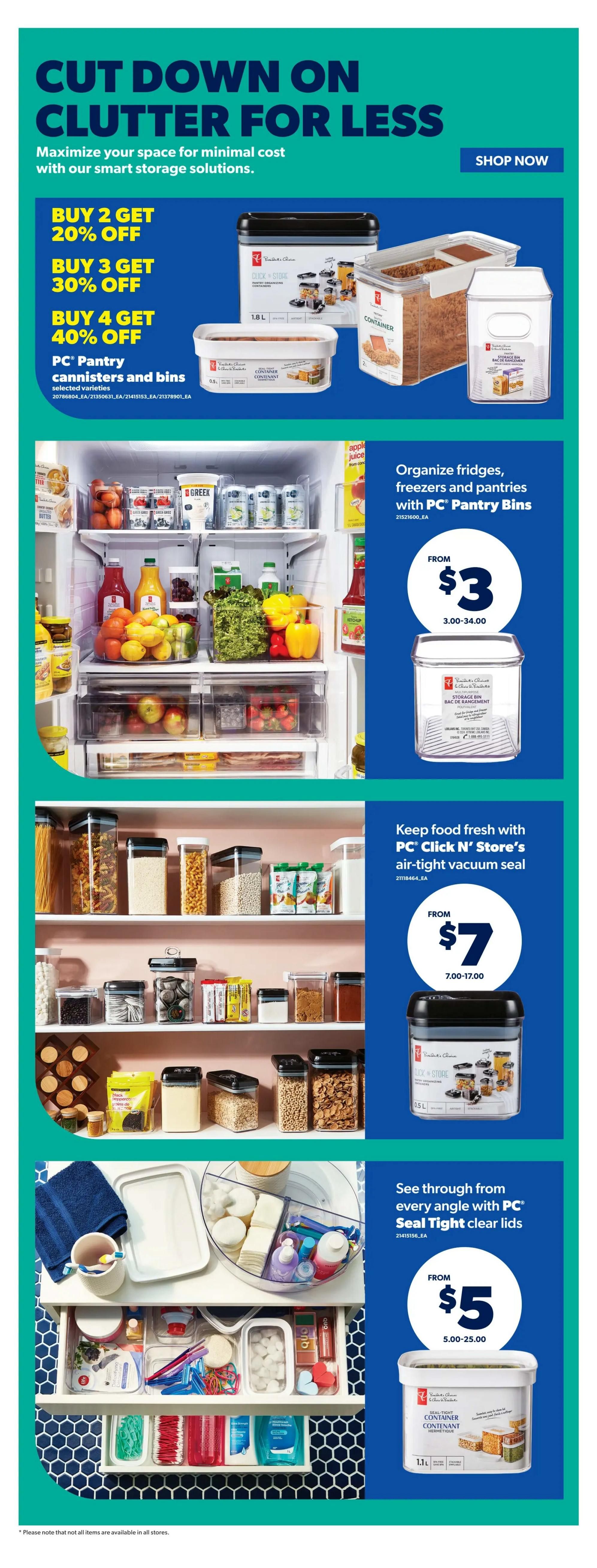 Real Canadian Superstore flyer page 34 featuring 'Cut Down on Clutter for Less' with smart storage solutions. Offers include Buy 2 Get 20% Off, Buy 3 Get 30% Off, and Buy 4 Get 40% Off on PC Pantry canisters and bins. Organize fridges, freezers, and pantries with PC Pantry Bins starting from $3 (3.00-34.00). Keep food fresh with PC Click N' Store's air-tight vacuum seal containers, starting from $7 (7.00-17.00). See through from every angle with PC Seal Tight clear lids containers, starting from $5 (5.00-25.00). The page displays various PC storage solutions including canisters, bins, and vacuum seal containers, showcasing organized fridges and pantry shelves. A note indicates that not all items are available in all stores.