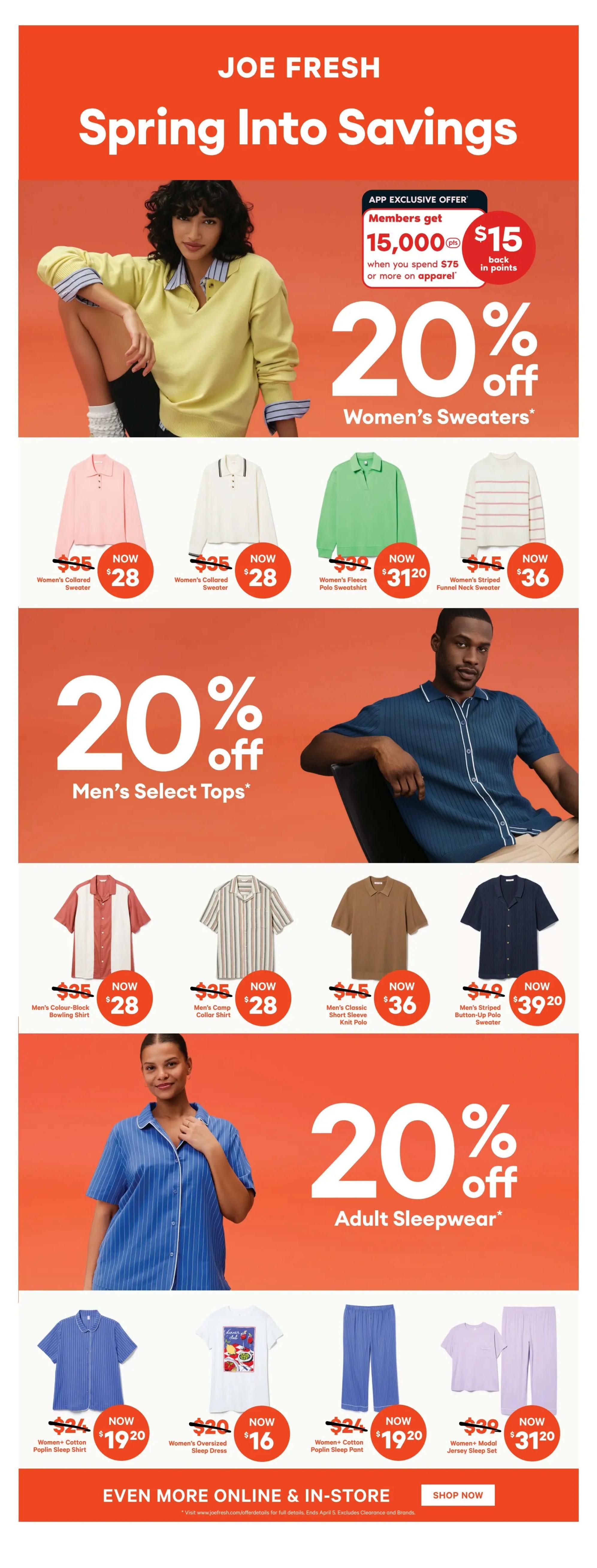 Joe Fresh Spring Into Savings flyer page featuring 20% off Women's Sweaters. Pictured are Women's Collared Sweaters originally $35 now $28, Women's Fleece Polo Sweatshirt originally $39 now $31.20, and Women's Striped Funnel Neck Sweater originally $45 now $36. Also, 20% off Men's Select Tops including Men's Colour-Block Bowling Shirt originally $35 now $28, Men's Camp Collar Shirt originally $35 now $28, Men's Classic Short Sleeve Knit Polo originally $45 now $36, and Men's Striped Button-Up Polo Sweater originally $49 now $39.20. Additionally, 20% off Adult Sleepwear with offers on Women's Cotton Poplin Sleep Shirt originally $24 now $19.20, Women's Oversized Sleep Dress originally $20 now $16, Women's Cotton Poplin Sleep Pant originally $24 now $19.20, and Women's Modal Jersey Sleep Set originally $39 now $31.20. App exclusive offer: Members get 15,000 points back in points when you spend $75 or more on apparel. This is page 35 of the Real Canadian Superstore flyer.