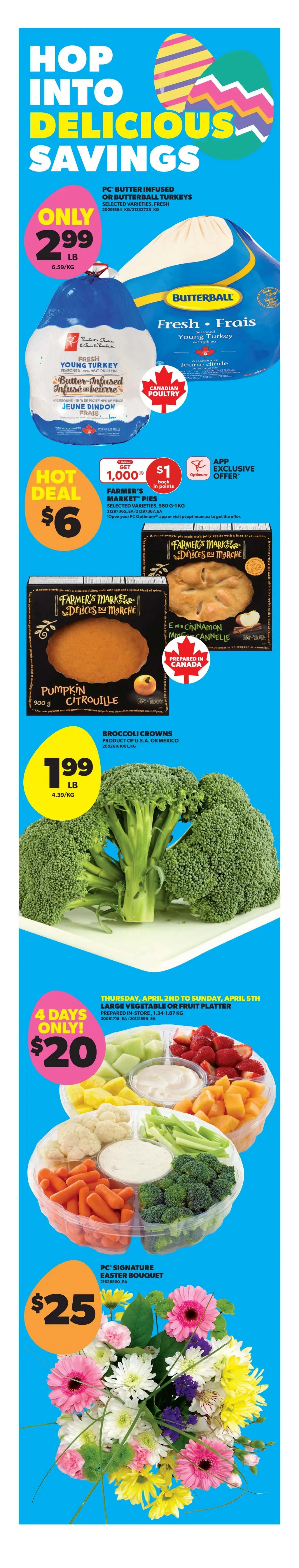 Real Canadian Superstore weekly flyer specials for Western Canada, valid April 2nd to April 8th, 2026. Page 3 features a Happy Easter theme with '4 Days Only' specials. Highlights include Green Seedless Grapes and Red Seedless Grapes on sale for $2.77 LB, Unico Beans and Diced Tomatoes for $1.49 with a limit of 4, and Cracker Barrel Cheddar Cheese Bars and Shredded Cheese for $5.97 with a limit of 4. A hot deal offers Cap-Off Rib Roast for $12.88 LB. Fresh Atlantic Salmon Fillets are on sale for $13.99 LB. A 'Deal Drop' offers 50% off PC Rectangle Acacia Serving Board for $12. 'Free when you spend $300 or more' offers up to $28 value, including a PC Butcher Block Board. Other deals include No Name Bacon for $5, Balderson Cheese Non-Aged Cheddar Blocks or Marcangelo Sliced Deli Meat for $6, Lay's Potato Chips for $2.77, Christie Crackers for $2, Rogers Granulated Sugar 10 KG for $13.49, and Maxwell House Ground Coffee for $15.97. Also featured are PC or Menu Sparkling Water for $5.75, Charmin Bathroom Tissue for $22.99, Kelloggs Family Size Cereal for $5.47, and Listerine Classic Mouthwash or Sensodyne Toothpaste for $5.99. A Disney Pixar Album Pre-Sale is available from April 2nd-8th, with a free pack of stickers, and albums are $3 for members and $5 for non-members at Optimum.