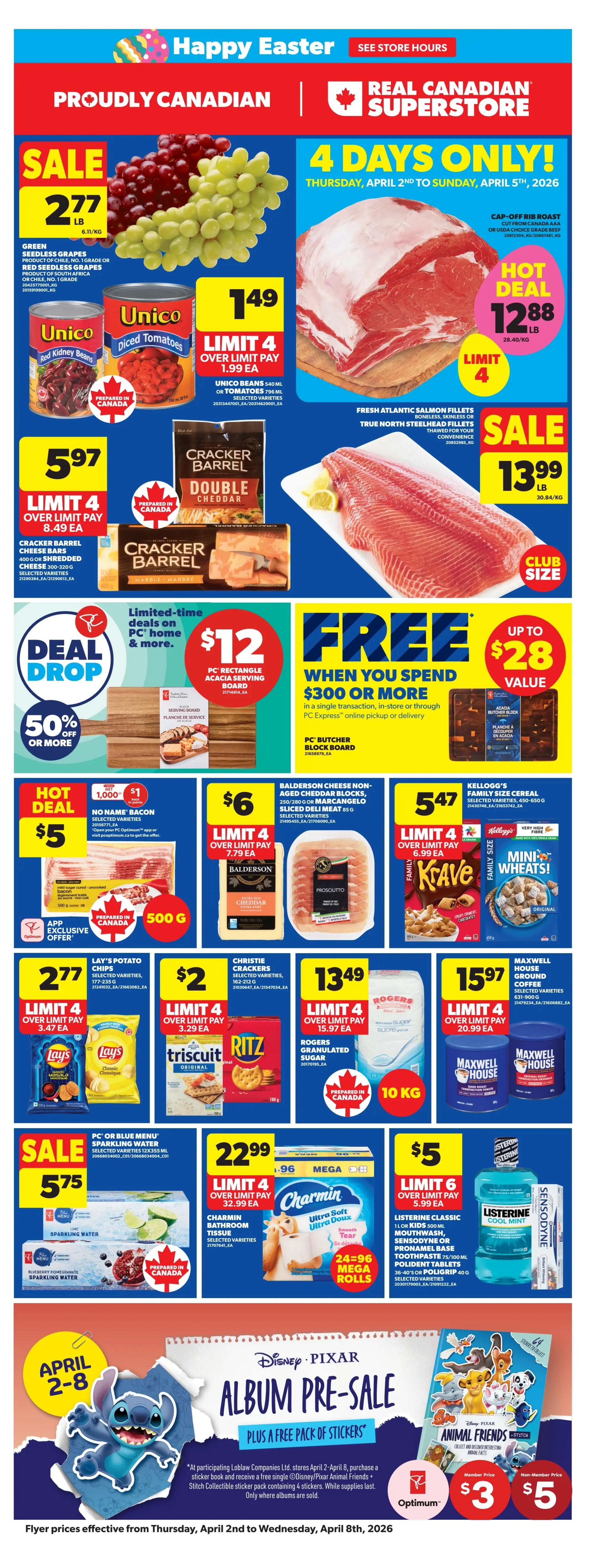Real Canadian Superstore Hot Deals page featuring up to 25% off all Nerf and Beyblade toys, with prices ranging from $4.50 to $2.50 after savings. Also, buy one PC Towel and get one 50% off of equal or lesser value, with prices between $8.00 and $33.00. Get $5 back in points when you spend $25 on Cetaphil, Vaseline, CeraVe, or Aveeno face care or body lotion products. Blue Buffalo wet dog food 6-count variety packs are on sale for $19.99, with a promotion to get 3,000 Optimum points back. Whiskas wet cat food 24-count cases are $23.99, limit 4, with over limit pay of $29.99 each. The page also advertises an 'Every Spin Wins' contest for PC Optimum members. Available at select locations in Winnipeg, Vancouver, Coquitlam, Saskatoon, Grand Prairie, Edmonton, Calgary, Stony Plain, and Abbotsford.