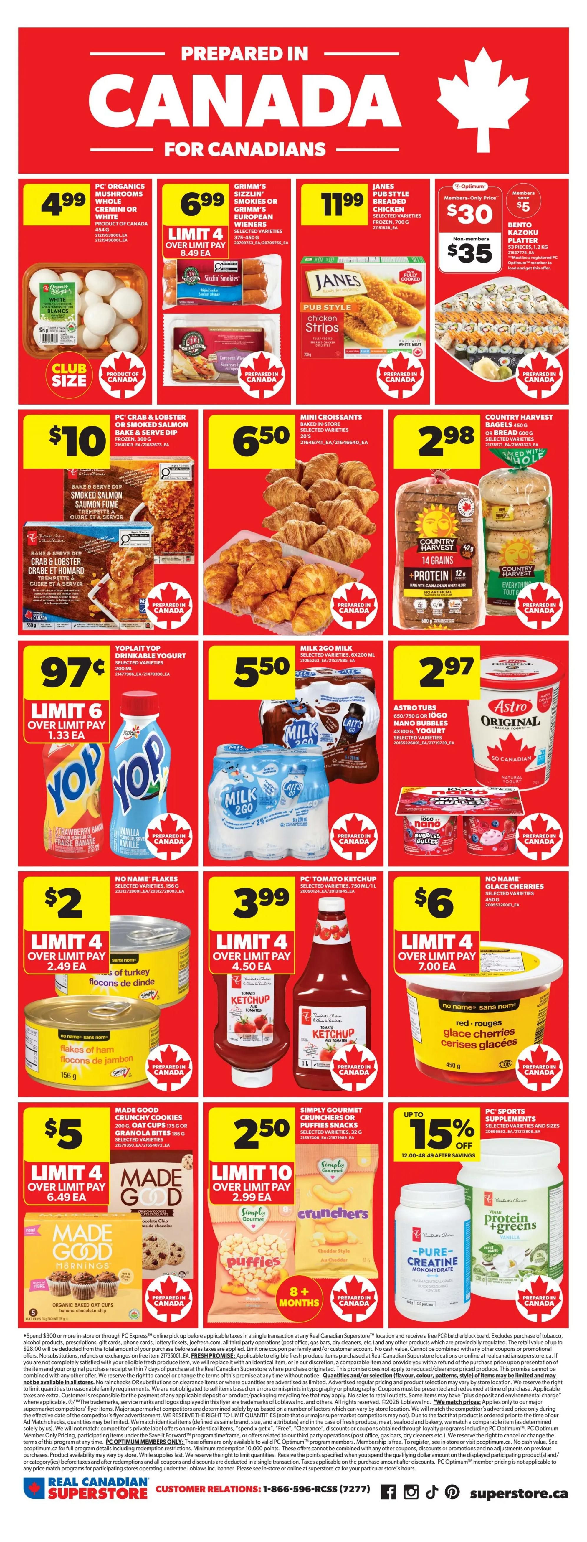 Real Canadian Superstore weekly flyer specials for Western Canada, page 8. Featured items include PC Organics Mushrooms for $4.99, Grimm's Sizzlin' Wieners for $6.99 (limit 4), and Janes Pub Style Chicken Strips for $11.99. Also available is a Bento Katsu Platter for $30 for members or $35 for non-members. Other deals include PC Bake & Serve Lobster or Smoked Salmon for $10, Mini Croissants for $6.50, and Country Harvest Bagels for $2.98. Yoplait Yop Drinkable Yogurt is on sale for $0.97 (limit 6), Milk 2Go is $5.50, and Astro Original Yogurt Tubs are $2.97. No Name Flakes of Turkey or Ham are $2 (limit 4), PC Tomato Ketchup is $3.99 (limit 4), and No Name Glace Cherries are $6 (limit 4). Made Good Crunchy Cookies or Granola Bites are $5, Simply Gourmet Crunchers or Puffies Snacks are $2.50 (limit 10), and PC Sports Supplements are up to 15% off.