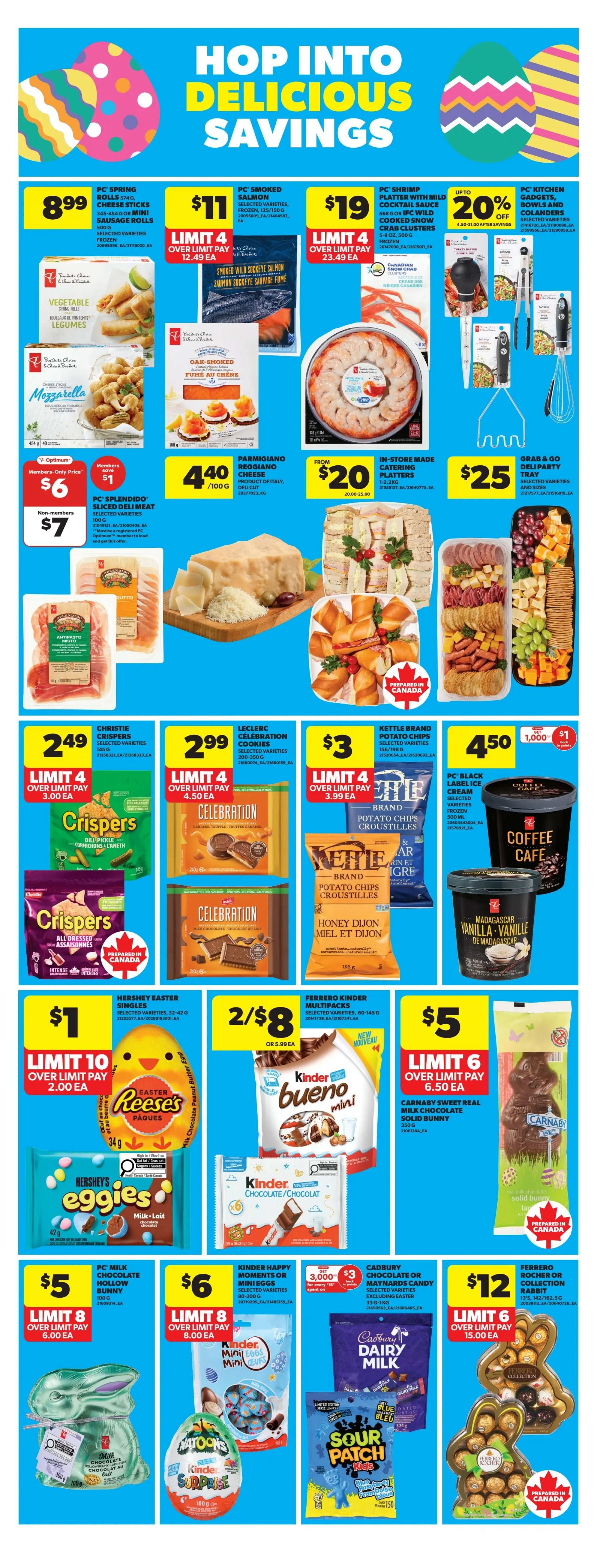 Real Canadian Superstore weekly flyer specials page 9 features 'Hop Into Delicious Savings'. Offers include PC Spring Rolls for $8.99, PC Smoked Salmon for $11, PC Shrimp Platters for $19 with up to 20% off PC Kitchen Gadgets and Colanders. Also featured are Vegetable Spring Rolls for $6, Parmigiano Reggiano Cheese for $4.40/100g, and In-Store Made Catering Platters from $20. Grab & Go Deli Party Trays are $25. Other deals include Christie Crispers for $2.49, Leclerc Celebration Cookies for $2.99, Kettle Brand Potato Chips for $3, and PC Black Ice Cream for $4.50. Sweet treats include Hershey Easter Singles for $1, Ferrero Kinder Bueno Mini multipacks 2 for $8, PC Milk Chocolate Hollow Bunny for $5, Kinder Happy Moments or Mini Eggs for $6, Cadbury Chocolate or Maynards Candy for $3, and Ferrero Rocher or Collection Rabbit for $12. Also available are Hershey's Eggies, Kinder Surprise, Dairy Milk, and Sour Patch Kids.