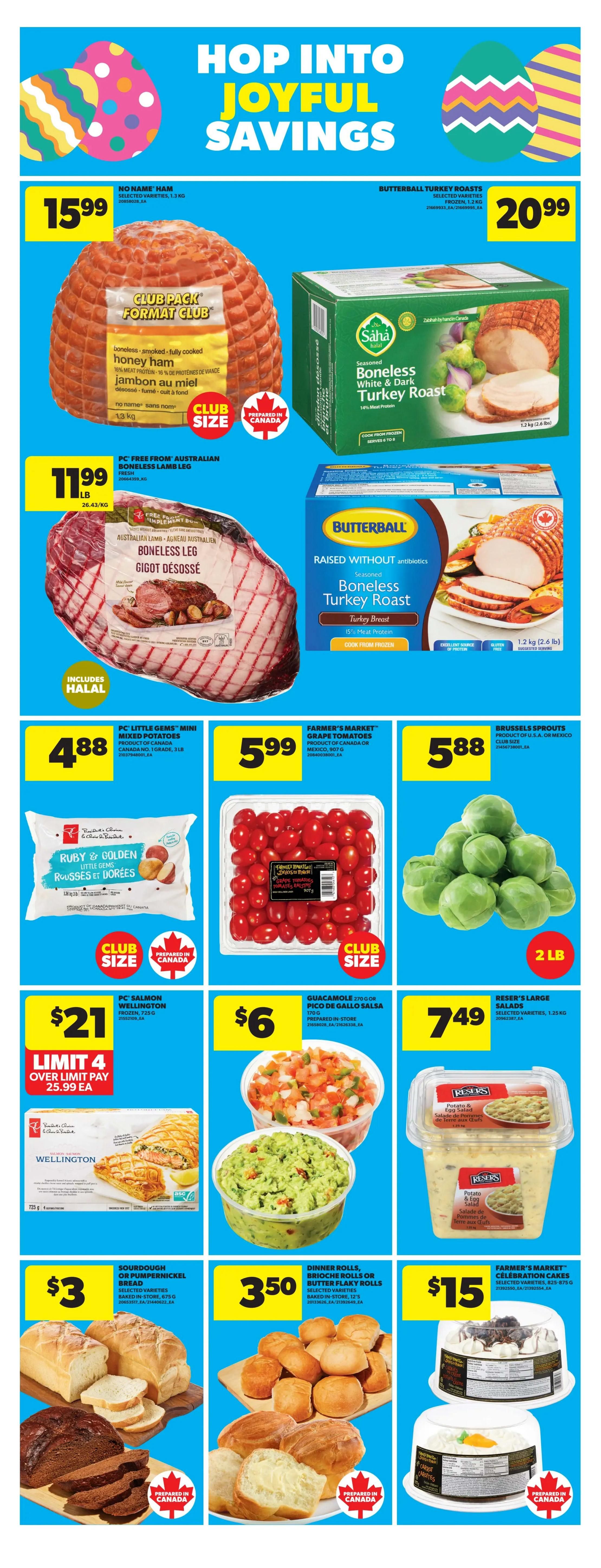 Real Canadian Superstore weekly flyer specials page 10 features 'Hop Into Joyful Savings' with various food items. Highlights include No Name Ham for $15.99, Saha Seasoned Boneless White & Dark Turkey Roast for $20.99, and PC Free From Australian Boneless Lamb Leg for $11.99 per pound. Also featured are Butterball Seasoned Boneless Turkey Roast for $5.88, PC Little Gems Mini Mixed Potatoes for $4.88, Farmer's Market Grape Tomatoes for $5.99, and Brussels Sprouts for $5.88. Other deals include PC Salmon Wellington for $21 (limit 4, over $25.99 ea), Guacamole or Pico de Gallo Salsa for $6, and Reser's Large Salads for $7.49. Bakery items on sale are Sourdough or Pumpernickel Bread for $3 and Dinner Rolls, Brioche Rolls, or Butter Flaky Rolls for $3.50. Finally, Farmer's Market Celebration Cakes are available for $15.