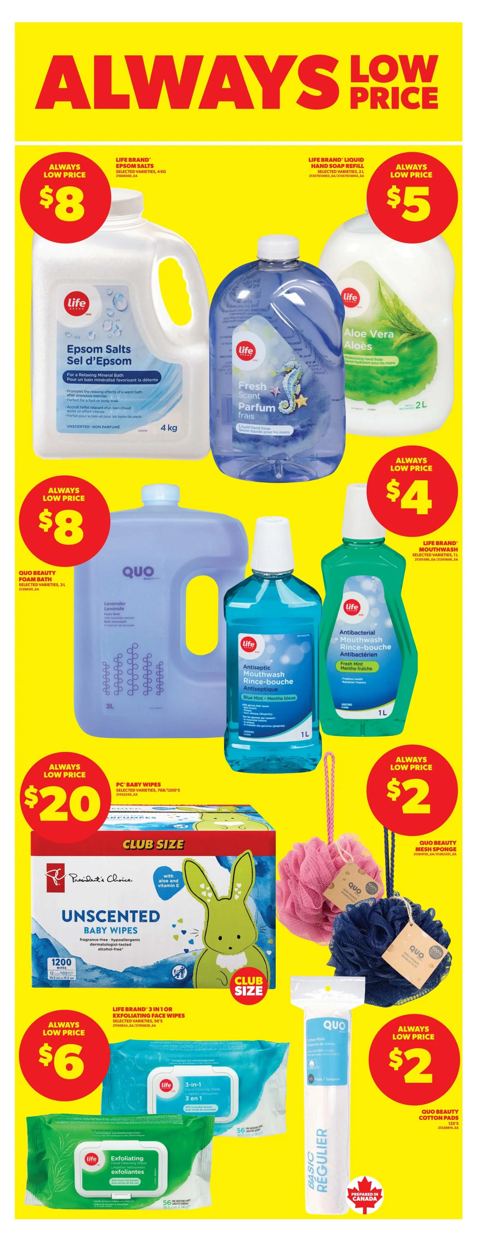 Real Canadian Superstore weekly flyer specials, page 17. Featured products include Life Brand Epsom Salts for $8, Life Brand Liquid Hand Soap Refill in Fresh Scent Parfum Frais for $5, and Life Brand Aloe Vera Hand Soap for $5. Also available are QUO Beauty Foam Bath in Lavender for $8, Life Brand Antiseptic Mouthwash in Blue Mint for $4, and Life Brand Antibacterial Mouthwash in Fresh Mint for $4. President's Choice Unscented Baby Wipes, club size, are $20. Life Brand 3-in-1 or Exfoliating Face Wipes are $6. QUO Beauty Mesh Sponges are $2, and QUO Beauty Cotton Pads are $2.