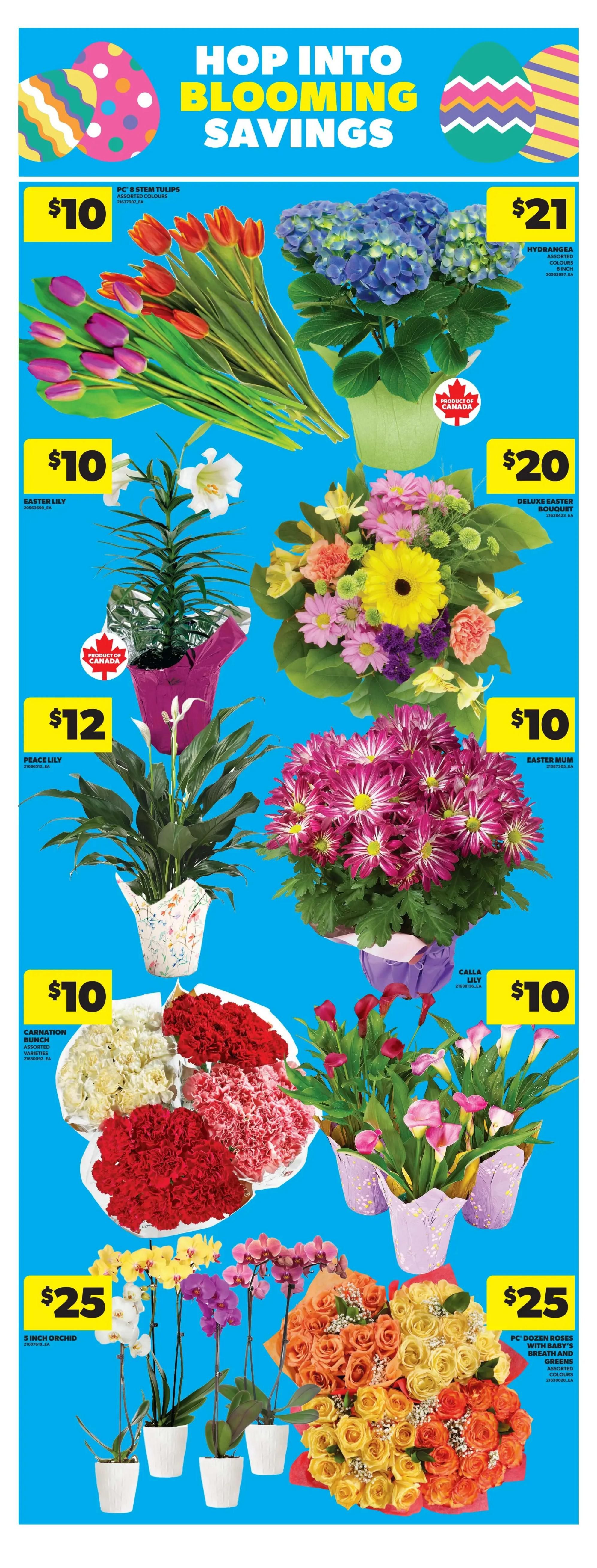 Real Canadian Superstore weekly flyer specials page 18 features 'Hop Into Blooming Savings' with various floral arrangements. Offers include PC 8 stem tulips in assorted colours for $10, a blue Hydrangea in a 6-inch pot for $21, and an Easter Lily for $10. Also available are a Deluxe Easter Bouquet for $20, a Peace Lily for $12, and an Easter Mum for $10. A carnation bunch in assorted varieties is $10, and Calla Lilies are $10. Potted 5-inch orchids are $25, and a PC dozen roses with baby's breath and greens in assorted colours is also $25.