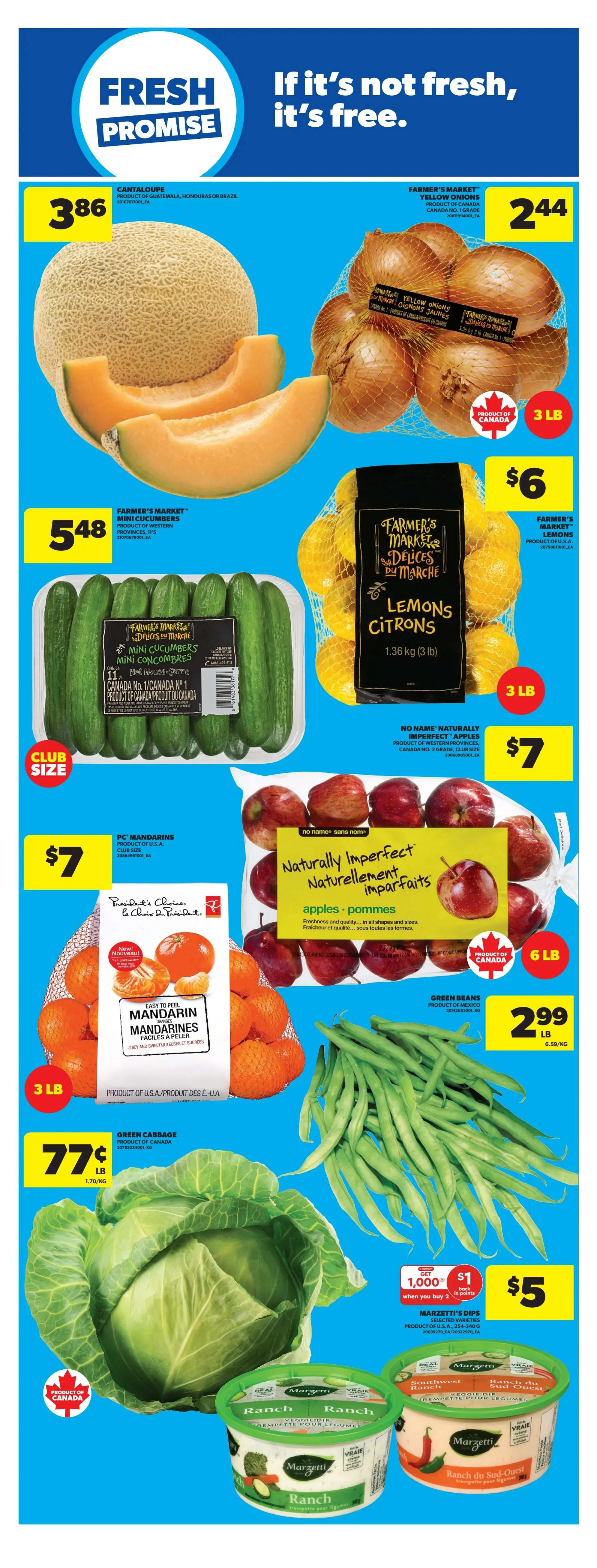 Real Canadian Superstore weekly flyer specials page 19 features a variety of fresh produce. A large cantaloupe is priced at $3.86. Farmer's Market yellow onions are $2.44 for a 3 lb bag. Farmer's Market mini cucumbers are $5.48 for a 1 lb size package. Farmer's Market lemons are $6 for a 3 lb bag. PC Mandarins are $7 for a 3 lb bag. Naturally Imperfect apples are $7 for a 6 lb bag. Green cabbage is $0.77 per lb. Fresh green beans are $2.99 per lb. Marzetti's dips are $5 when you buy 2, with an offer for 1,000 PC Optimum points back when you buy 2.