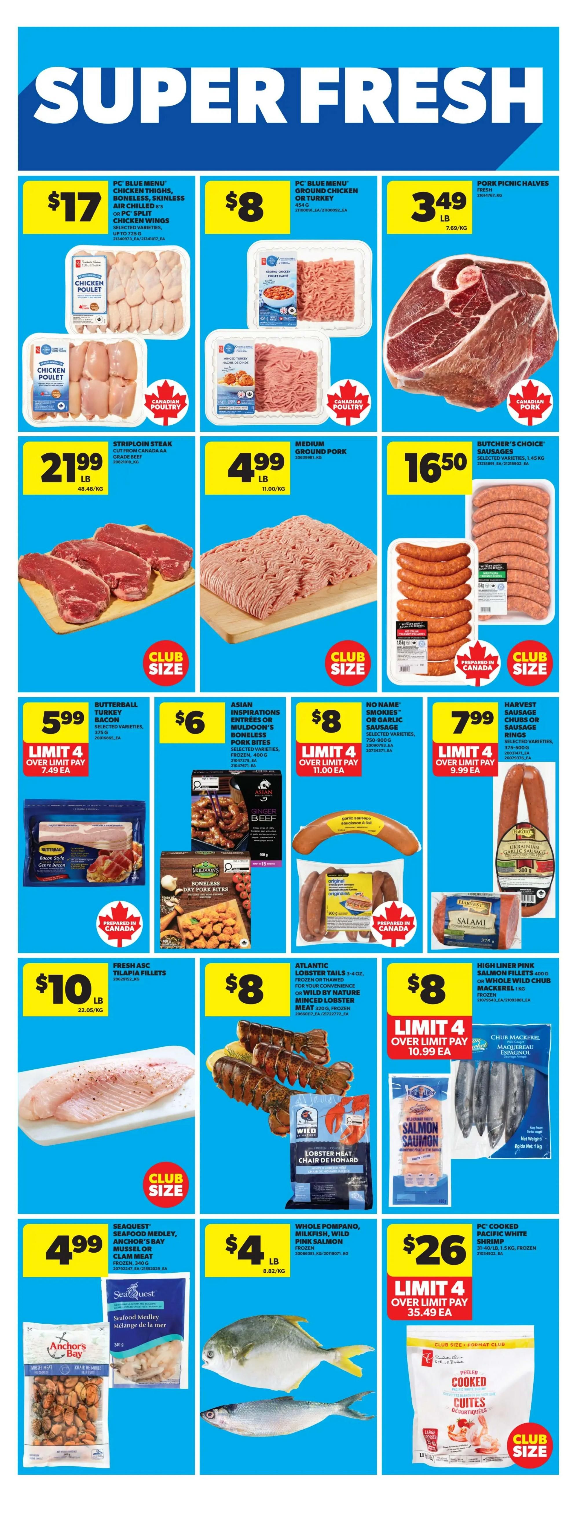 Real Canadian Superstore weekly flyer specials page 20 features a 'Super Fresh' theme. Top row offers PC Blue Menu chicken thighs, boneless, skinless chicken wings for $17; PC Blue Menu ground chicken or turkey for $8; and pork picnic halves for $3.49/lb. Second row includes striploin steak for $21.99/lb, medium ground pork for $4.99/lb, and Butcher's Choice sausages for $16.50. Third row showcases Butterball turkey bacon for $5.99, Asian Inspirations entrees or Muldoon's boneless pork bites for $6, No Name smokies or garlic sausage for $8, and Harvest sausage chubs or rings for $7.99. Bottom row features fresh ASC tilapia fillets for $10/lb, Atlantic lobster tails for $8, high liner pink salmon fillets or whole wild chub mackerel for $8, Seaquest seafood medley, Anchor's Bay mussel or clam meat for $4.99, whole Pompano, milkfish, or wild pink salmon for $4/lb, and PC Cooked Pacific white shrimp for $26.