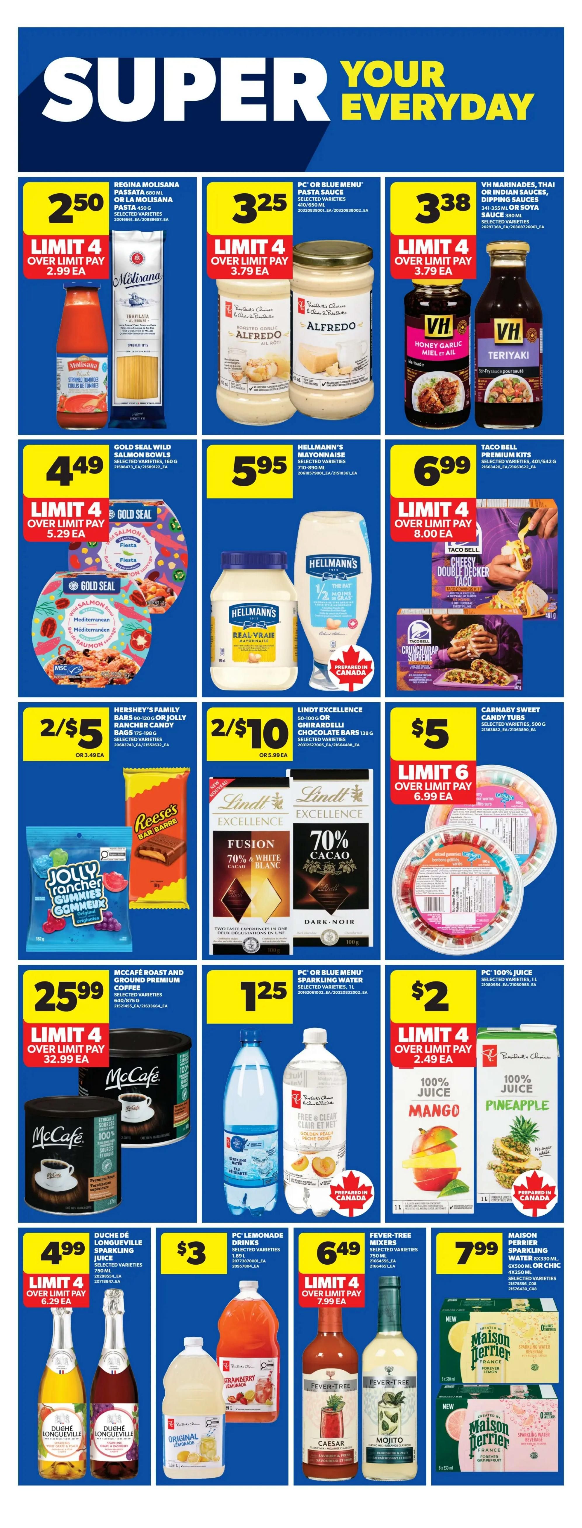 Real Canadian Superstore weekly flyer specials page 22. Featured products include Regina Molisana pasta sauce for $2.50 and pasta for $3.25, PC or Blue Menu pasta sauce for $3.25, and VH marinades in Thai and Teriyaki for $3.38. Gold Seal Wild Salmon Bowls are $4.49. Hellmann's Mayonnaise is $5.95. Taco Bell Premium Kits are $6.99. Hershey's Family Bars or Jolly Rancher Candy Bags are 2 for $5. Lindt Excellence chocolate bars are 2 for $10. Carnaby Sweet Candy Tubs are $5. McCafé Roast and Ground Premium Coffee is $25.99. PC or Blue Menu Sparkling Water is $1.25. PC 100% Juice in Mango and Pineapple is $2. Duche de Longueville Sparkling Juice is $4.99. PC Lemonade Drinks are $3. Fever-Tree Mixers in Caesar and Mojito are $6.49. Maison Perrier Sparkling Water is $7.99.