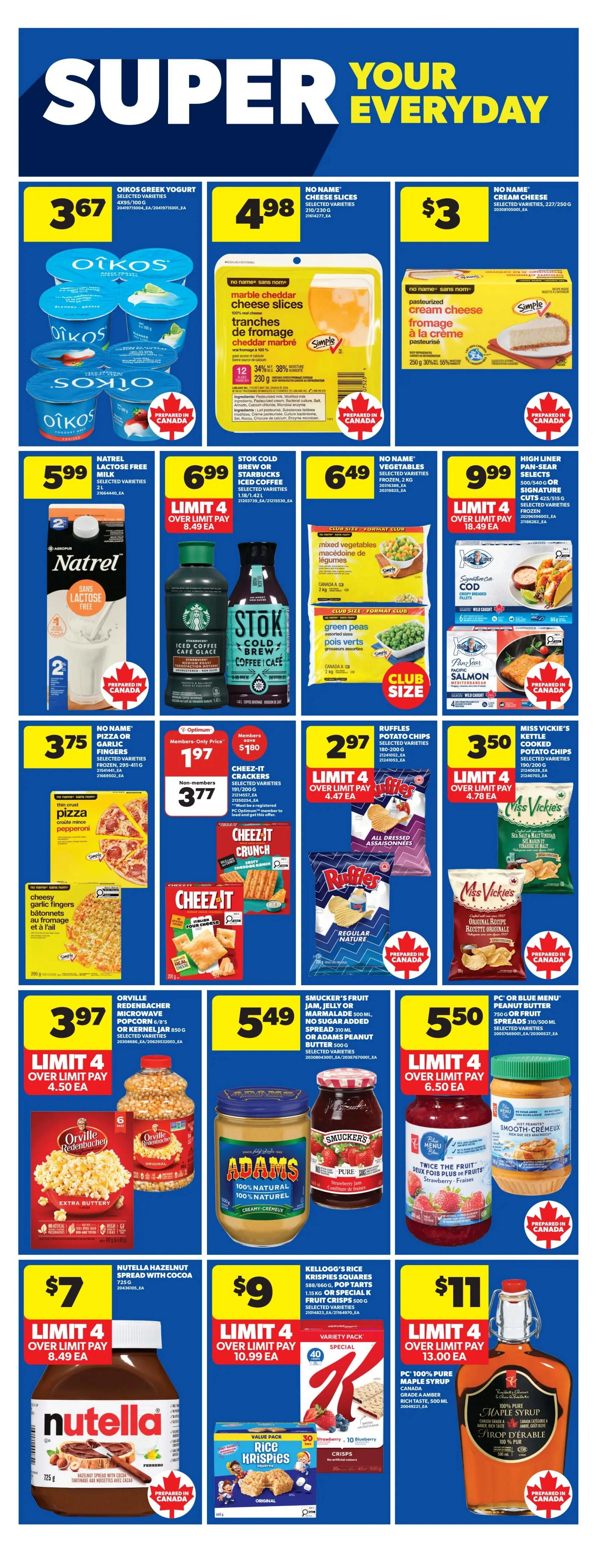 Real Canadian Superstore weekly flyer specials page 23 features OIKOS Greek Yogurt 4x95/100g for $3.67, NO NAME Cheese Slices 210/230g for $4.98, and NO NAME Cream Cheese 227/250g for $3. Also featured is Natrel Lactose Free Milk 2L for $5.99, STOK Cold Brew or Starbucks Iced Coffee 1.18/1.42L for $6.99, and NO NAME Vegetables 2kg for $6.49. NO NAME Pizza or Garlic Fingers 375g are $3.75. CHEEZ-IT Crackers 191/200g are $1.97 for members, or $3.77 for non-members. RUFFLES Potato Chips 180-200g are $2.97, and MISS VICKIE'S Kettle Cooked Potato Chips 190/200g are $3.50. ORVILLE Redenbacker Microwave Popcorn 6/8's is $3.97. SMUCKER'S Fruit Jam, Jelly or Marmalade 500ml or Adams Peanut Butter 500g are $5.49. PC Blue Menu Peanut Butter 750g or Fruit Spread 310ml are $5.50. NUTTELA Hazelnut Spread with Cocoa 725g is $7. KELLOGG'S Rice Krispies Squares 588/600g or Pop Tarts 1.15kg or Fruit Crisps 500g are $9. Finally, PC 100% Pure Maple Syrup 500ml is $11.