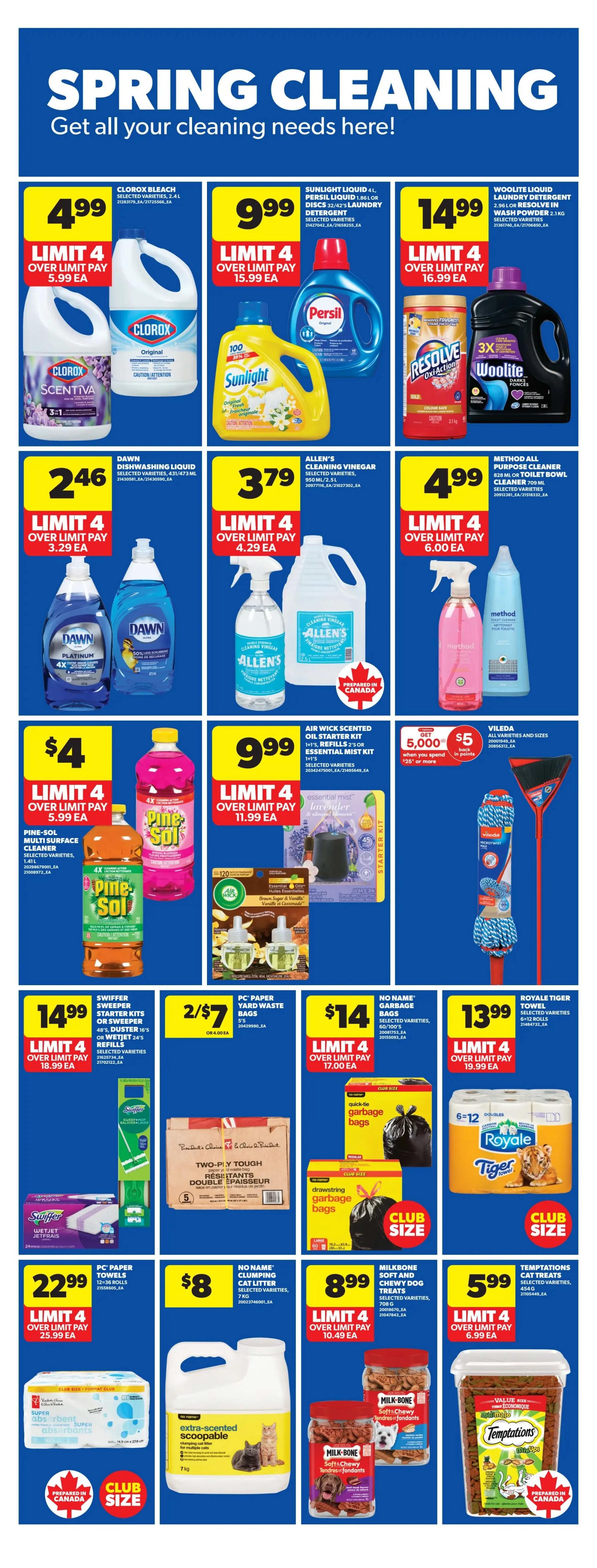 Real Canadian Superstore weekly flyer specials page 25, featuring Spring Cleaning products. Deals include Clorox Bleach for $4.99, Sunlight Liquid Laundry Detergent for $9.99, Woolite Liquid or Wash Powder for $14.99, Dawn Dishwashing Liquid for $2.46, Allen's Cleaning Vinegar for $3.79, and Method All Purpose Cleaner or Toilet Bowl Cleaner for $4.99. Also available are Pine-Sol Multi Surface Cleaner for $4.00, Air Wick Scented Oil Starter Kit for $9.99, and Vileda products when you spend $25 or more get $5 back in points. Cleaning supplies on sale include Swiffer Sweeper Starter Kits or Refills for $14.99, PC Paper Yard Waste Bags for $2/$7, No Name Garbage Bags for $14, and Royale Tiger Towel 6=12 double rolls for $13.99. Other cleaning items are PC Paper Towels for $22.99, No Name Clumping Cat Litter for $8.00, Milk-Bone Soft & Chewy Dog Treats for $8.99, and Temptations Cat Treats for $5.99.