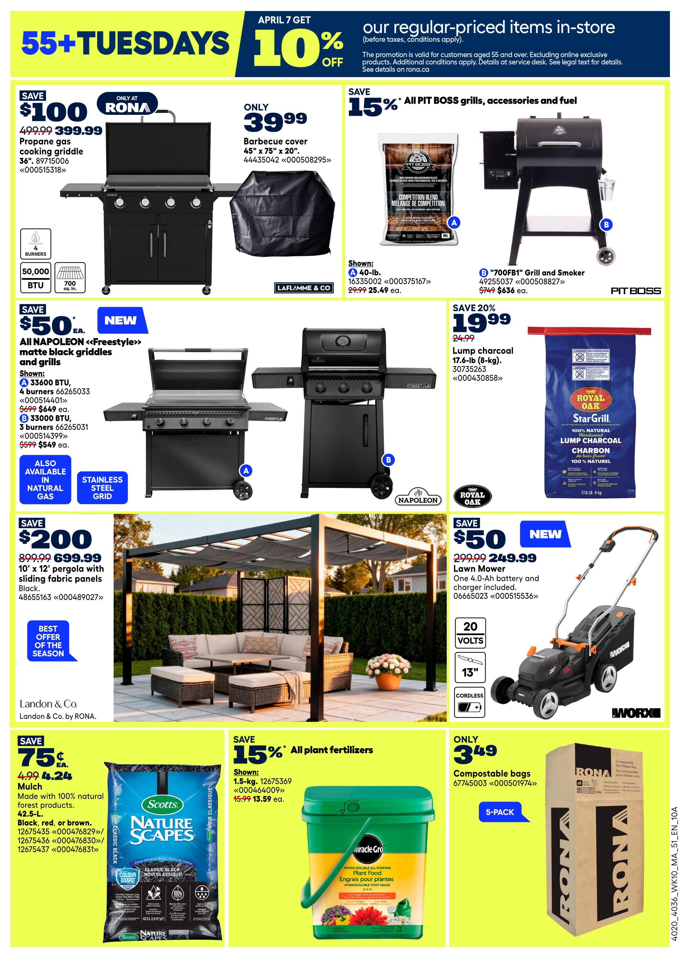 Rona Atlantic Canada flyer page 3 features 55+ Tuesdays with 10% off regular-priced items. Save $100 on a 36' propane gas cooking griddle, now $399.99. A barbecue cover is only $39.99. Save 15% on all Pit Boss grills, accessories, and fuel, including a 40-lb bag of competition blend wood pellets for $25.49 and a '700FB1' Grill and Smoker for $636. Save $50 on new Napoleon 'Freestyle' matte black griddles and grills, with a 33600 BTU, 4-burner model for $649 and a 33000 BTU, 3-burner model for $549. Also available in natural gas with a stainless steel grid. Save $200 on a 10' x 12' pergola with sliding fabric panels in black for $699.99. Scotts Nature Scapes 42.5-L mulch is on sale for $4.24, made with 100% natural forest products. Save 15% on all plant fertilizers, with a 1.5-kg bag shown for $13.59. Save 20% on Royal Oak StarGrill 17.6-lb lump charcoal for $19.99. A new 20-volt cordless 13' lawn mower with battery and charger is on sale for $249.99. Rona compostable yard waste bags (5-pack) are only $3.49.