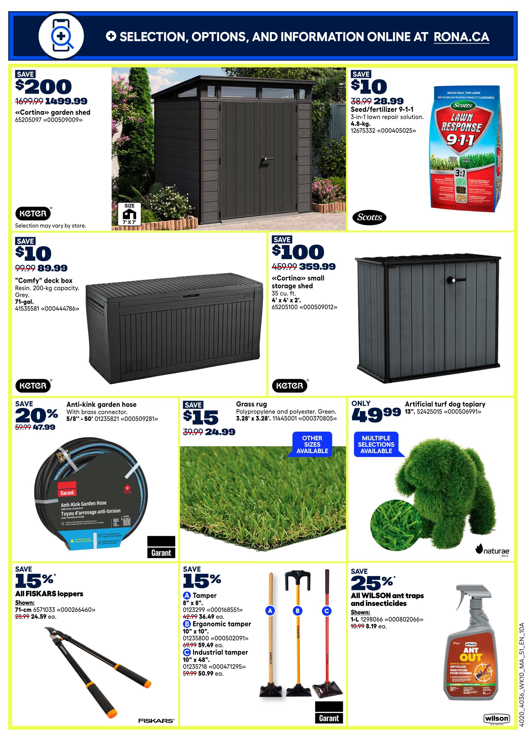 Rona Atlantic Canada flyer page 11 features a 'Cortina' garden shed on sale for $1499.99, saving $200. Also available is a 7'x7' storage shed for $359.99, a saving of $100. A 'Comfy' deck box is priced at $89.99, saving $10. Scotts Lawn Response 9-1-1 seed/fertilizer is $28.99, saving $10. An anti-kink garden hose is 20% off, now $47.99. A grass rug is $24.99, saving $15. An artificial turf dog topiary is $49.99. All FISKARS loppers are 15% off, with 71-cm loppers shown for $24.59. A selection of tampers, including an 8'x8' tamper for $36.49 and an industrial tamper for $50.99, are also featured. Finally, all WILSON ant traps and insecticides are 25% off, with a 1L bottle of 'Ant Out' insecticide shown for $8.19.