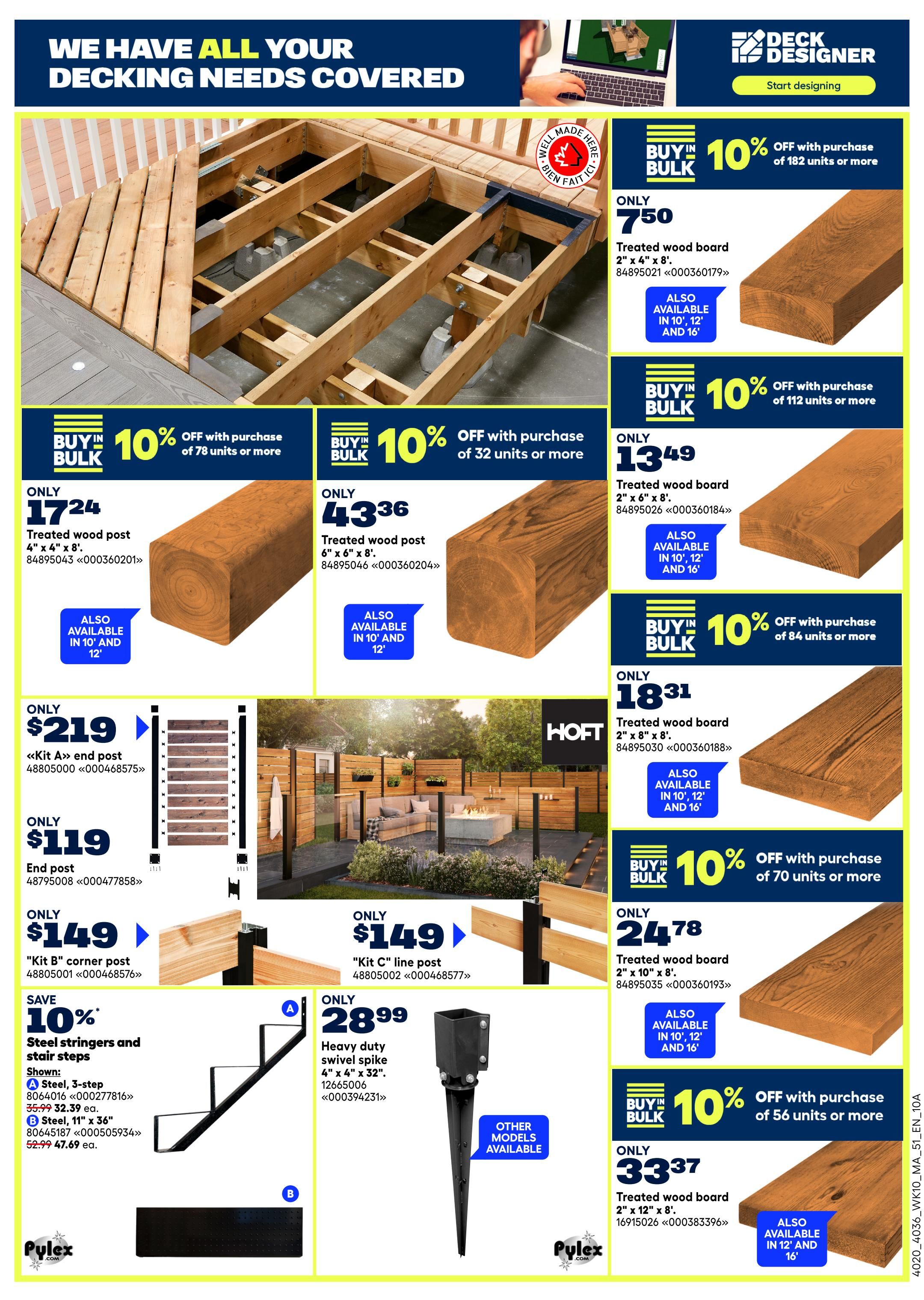 Rona Atlantic Canada flyer page 12 features decking needs. Offers include 10% off with bulk purchase of 78 units or more on treated wood post 4' x 4' x 8' for only $7.24, also available in 10', 12', and 16'. Another offer is 10% off with bulk purchase of 112 units or more on treated wood board 2' x 6' x 8' for only $13.49. Also featured is 10% off with bulk purchase of 32 units or more on treated wood post 6' x 6' x 8' for only $43.36, also available in 10' and 12'. Get 10% off with bulk purchase of 84 units or more on treated wood board 2' x 10' x 8' for only $18.31, also available in 10', 12', and 16'. Special pricing on 'Kit A» end post for $219 and 'Kit B' corner post for $149. 'Kit C' line post is also $149. Save 10% on steel stringers and stair steps, shown are a 3-step steel stringer for $32.39 each and an 11' x 36' steel stair step for $47.69 each. Also available is a heavy-duty swivel spike 4' x 4' x 32' for only $28.99. Additional offers include 10% off with bulk purchase of 70 units or more on treated wood board 2' x 10' x 8' for only $24.78, and 10% off with bulk purchase of 56 units or more on treated wood board 2' x 12' x 8' for only $33.37, also available in 12' and 16'.