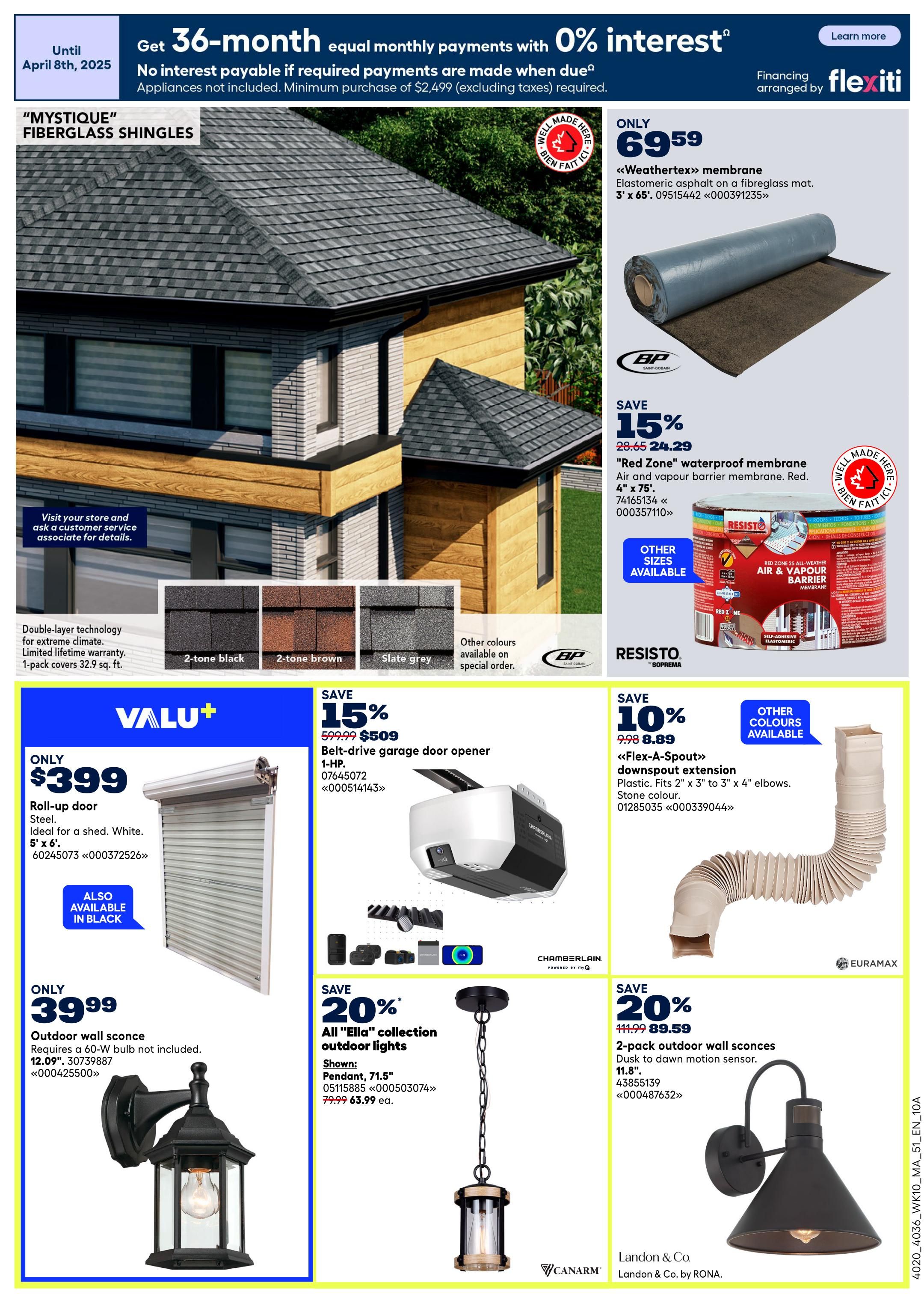 Rona Atlantic Canada weekly flyer specials page 14 features 'Mystique' fiberglass shingles in 2-tone black, 2-tone brown, and slate grey. Also available are 'Weathertex' membrane for $69.59 and 'Red Zone' waterproof membrane on sale for 15% off, now $24.29. Valu+ Roll-up door in steel, 5' x 6', is only $399. A belt-drive garage door opener is 15% off, priced at $509. The 'Flex-A-Spout' downspout extension is 10% off, now $8.89. Outdoor wall sconces are featured, including a single sconce for $39.99 and a 2-pack of outdoor wall sconces with motion sensor for 20% off, now $89.59. Lighting options include the 'Ella' collection outdoor lights, with a pendant shown on sale for 20% off, now $63.99 each.