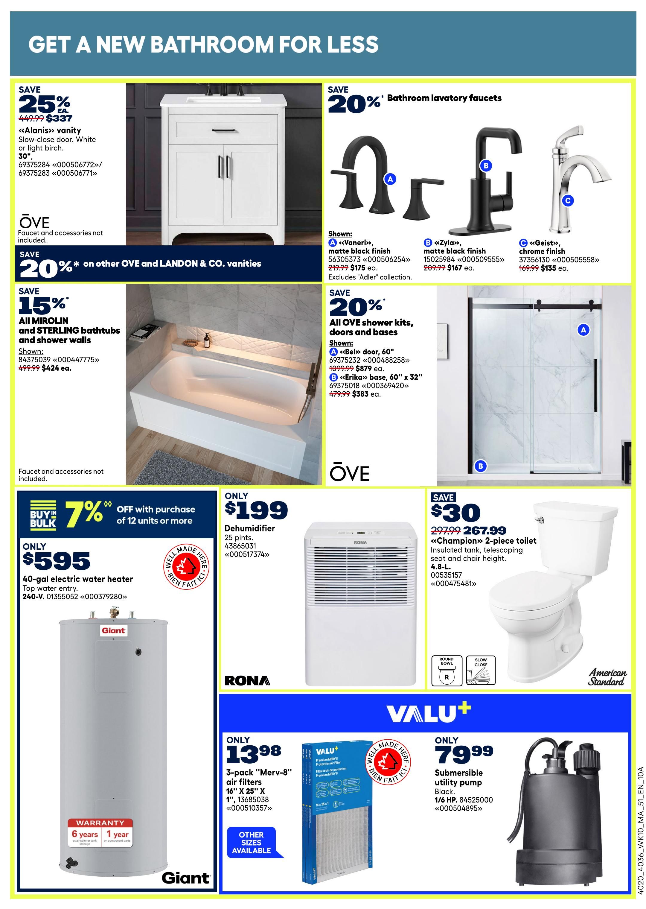Rona Atlantic Canada flyer page featuring bathroom and home improvement deals. Save 25% on the Alanis vanity, now $337, originally $449.99. Save 20% on other OVE and LANDON & CO. vanities. Featured bathroom lavatory faucets include the Vaneri in matte black finish for $175 (save 20%), the Zyla in matte black finish for $167 (save 20%), and the Geist in chrome finish for $135 (save 20%). Save 15% on MIROLIN and STERLING bathtubs and shower walls, with a shown model for $424, originally $499.99. Save 20% on OVE shower kits, doors, and bases, including the Bel door for $879 and the Erika base for $383. Also available is a 40-gallon electric water heater for $595. Get 7% off when you buy 12 units or more of select items. A 25-pint dehumidifier is only $199. Save $30 on the Champion 2-piece toilet, now $267.99, originally $297.99. Valu+ 3-pack of 'Merv-8' air filters (16' x 25' x 1') is only $13.98. A submersible utility pump (1/6 HP) is $79.99.