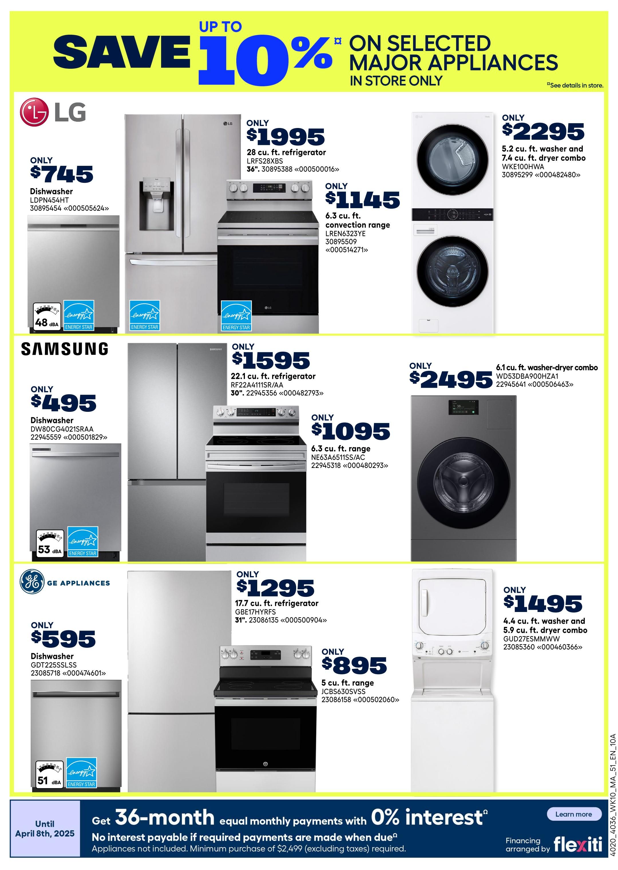 Rona Atlantic Canada flyer page 21 featuring major appliance savings. Save up to 10% on selected major appliances in store only. LG appliances include a 48 dBA dishwasher for $745, a 28 cu. ft. refrigerator for $1995, and a 6.3 cu. ft. convection range for $1145. Also featured is an LG 5.2 cu. ft. washer and 7.4 cu. ft. dryer combo for $2295. Samsung appliances include a 53 dBA dishwasher for $495, a 30' 22.1 cu. ft. refrigerator for $1595, and a 6.3 cu. ft. range for $1095. A Samsung 6.1 cu. ft. washer-dryer combo is available for $2495. GE Appliances include a 51 dBA dishwasher for $595, a 31' 17.7 cu. ft. refrigerator for $1295, and a 5 cu. ft. range for $895. A GE 4.4 cu. ft. washer and 5.9 cu. ft. dryer combo is priced at $1495. Financing offer: Get 36-month equal monthly payments with 0% interest until April 8th, 2025. No interest payable if required payments are made when due. Minimum purchase of $2,499 (excluding taxes) required. Financing arranged by Flexiti.