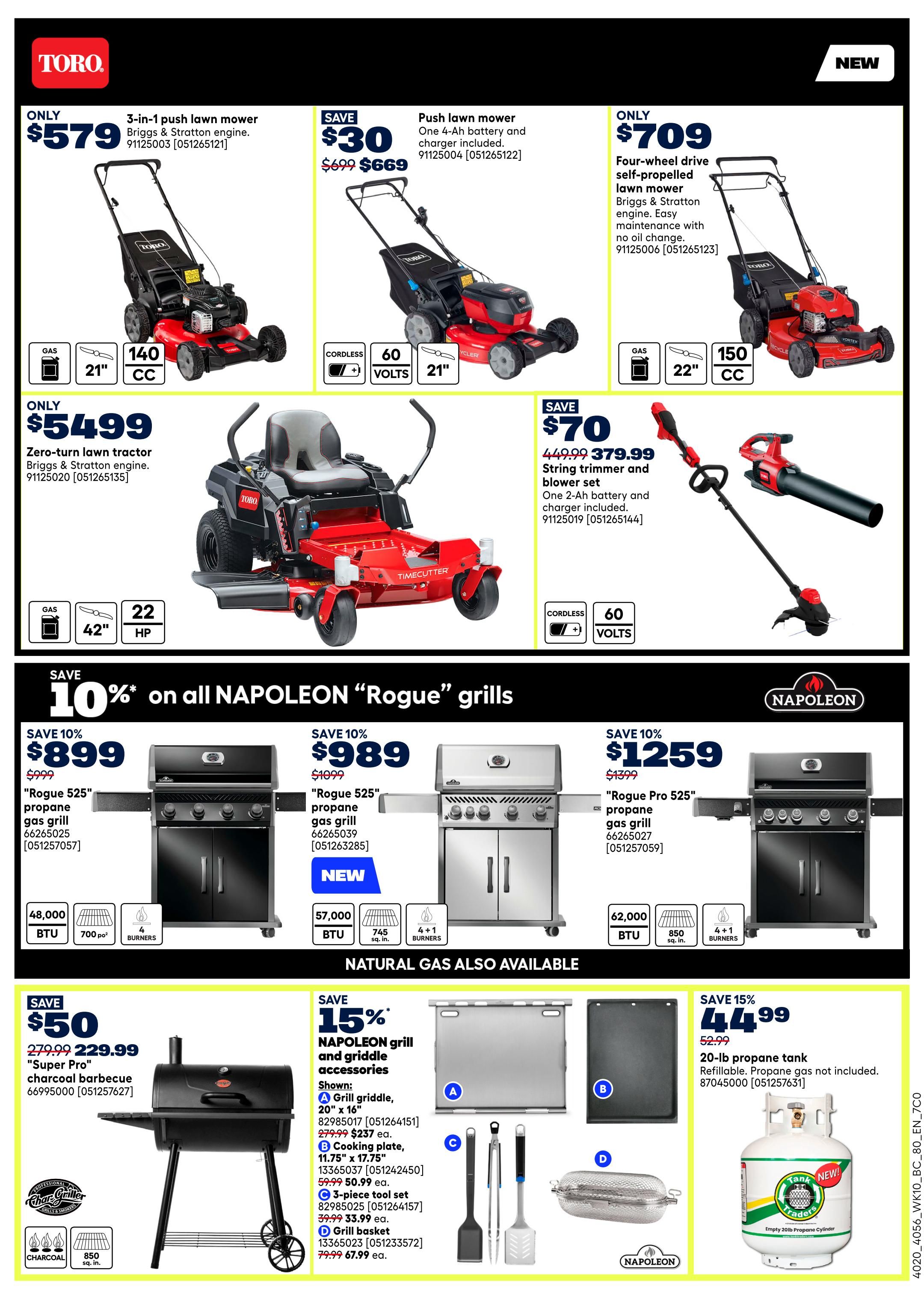 Rona Western Canada flyer, page 6. Featured items include a Toro 3-in-1 push lawn mower for $579, a Toro zero-turn lawn tractor for $5499, and a Toro four-wheel drive self-propelled lawn mower for $709. Save $30 on a push lawn mower with a 4-Ah battery and charger, now $669. Save $70 on a string trimmer and blower set, now $379.99. Save 10% on all Napoleon 'Rogue' grills. The 'Rogue 525' propane gas grill is $899, the 'Rogue 525' propane gas grill is $989, and the 'Rogue Pro 525' propane gas grill is $1259. Also available is a 'Super Pro' charcoal barbecue for $229.99, saving $50. Napoleon grill and griddle accessories are on sale with 15% off. Items include a grill griddle for $237 ea., a cooking plate for $50.99 ea., a 3-piece tool set for $67.99 ea., and a grill basket for $67.99 ea. A 20-lb propane tank is on sale for $44.99, saving 15%.