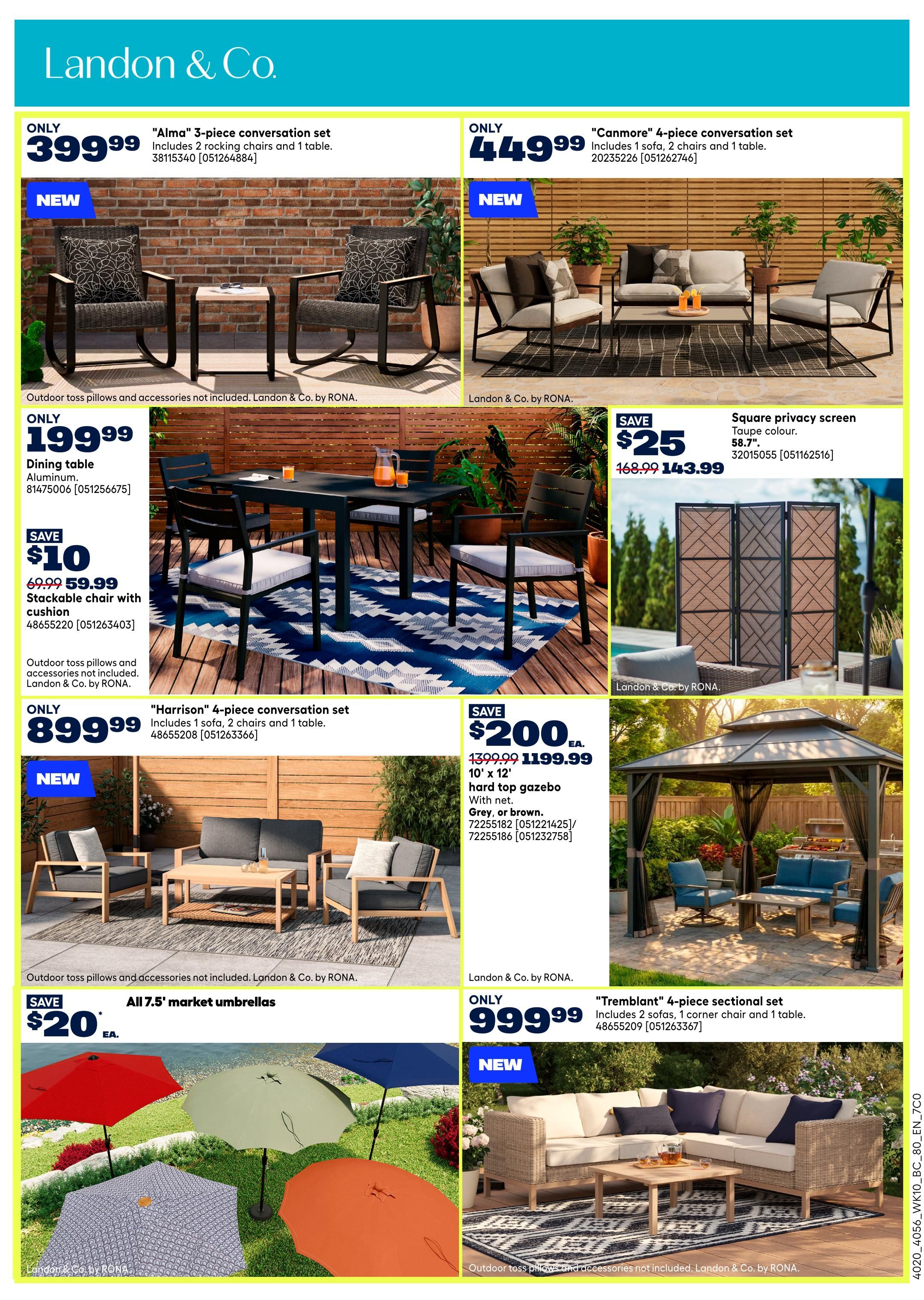 Rona weekly flyer specials page 7 features outdoor furniture and accessories. On the top left, the 'Alma' 3-piece conversation set, including 2 rocking chairs and 1 table, is available for only $399.99. Next to it, the 'Canmore' 4-piece conversation set with 1 sofa, 2 chairs, and 1 table is priced at $449.99. Below the 'Alma' set, a dining table made of aluminum is on sale for $199.99. A stackable chair with cushion is on special for $59.99, a $10 savings from $69.99. In the middle section, a square privacy screen in taupe colour, measuring 58.7', is on sale for $143.99, saving $25 from $168.99. The 'Harrison' 4-piece conversation set, including 1 sofa, 2 chairs, and 1 table, is priced at $899.99. A 10' x 12' hard top gazebo with net, available in grey or brown, is on sale for $1199.99, a $200 savings from $1399.99. On the bottom left, all 7.5' market umbrellas are on sale for $20 each. The bottom right features the 'Tremblant' 4-piece sectional set, including 2 sofas, 1 corner chair, and 1 table, for $999.99. Outdoor toss pillows and accessories are not included with the furniture sets. All items are by Landon & Co. by RONA.