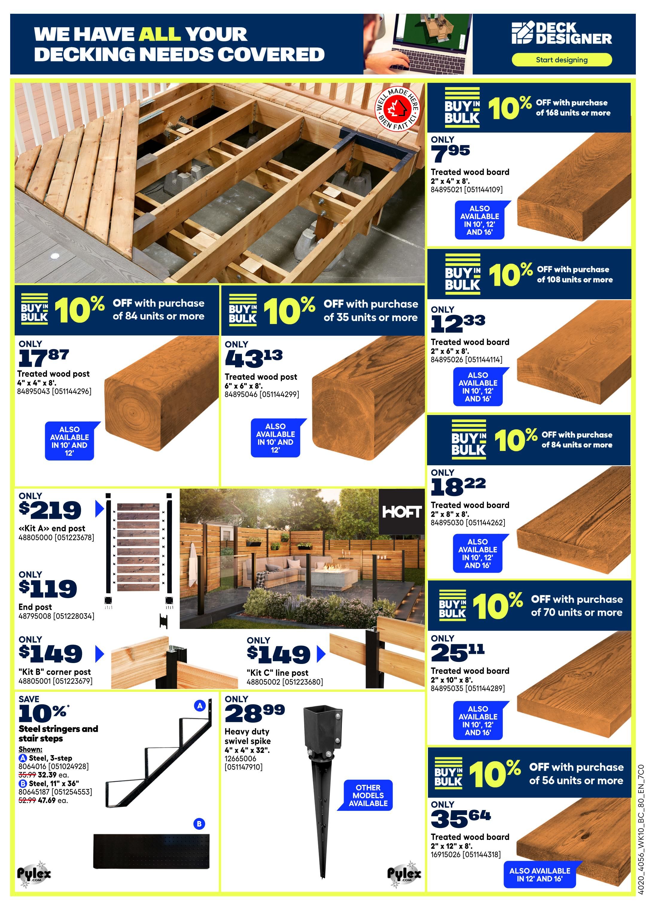 Rona Western Canada flyer page 12 features decking supplies. Offers include 10% off in bulk purchases of 84 units or more for treated wood board 2' x 4' x 8' at only $7.95, and 10% off in bulk purchases of 108 units or more for treated wood board 2' x 6' x 8' at only $12.33. Also available are treated wood posts: 4' x 4' x 8' for $7.87, 6' x 6' x 8' for $13.13, and 2' x 10' x 8' for $25.11, with bulk discounts of 10% off for 84 units or more, 10% off for 35 units or more, and 10% off for 70 units or more respectively. Another offer is 10% off in bulk purchases of 56 units or more for treated wood board 2' x 12' x 8' at only $35.64. Other items include Kit A end post for $2.19, end post for $1.19, 'Kit B' corner post for $1.49, 'Kit C' line post for $1.49, steel stringers and stair steps with a 10% saving, shown as a 3-step for $32.39 and 11' x 36' for $47.69. A heavy-duty swivel spike 4' x 4' x 32' is available for $28.99. All items are available in various lengths and models as indicated.