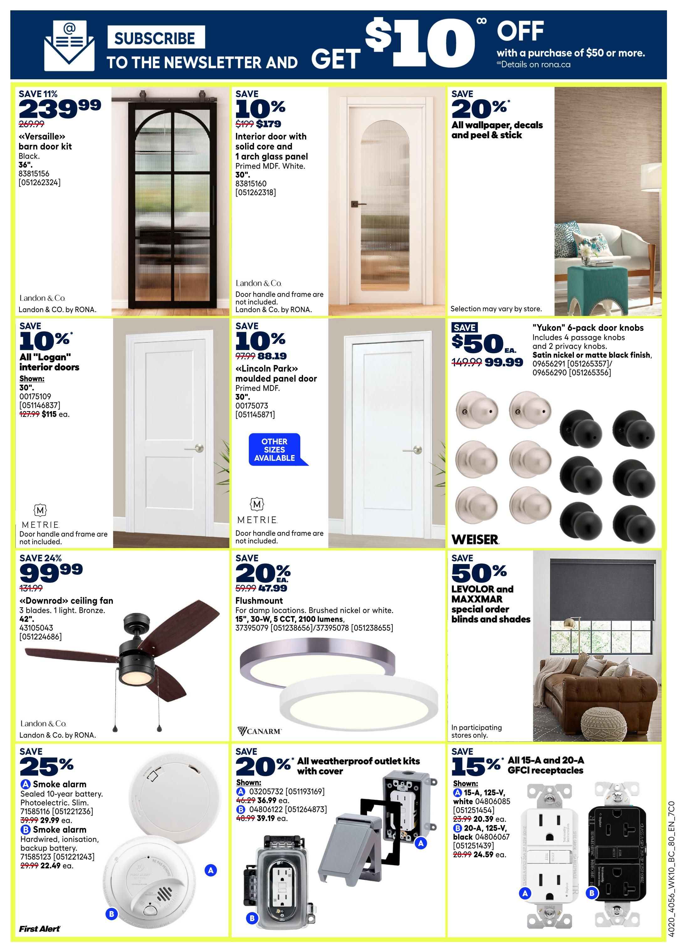 Rona Western Canada flyer page 17 features a 'Subscribe to the Newsletter and Get $10 Off' offer with a purchase of $50 or more. Featured products include a 'Versailles' barn door kit in black for $239.99 (save 11%), an interior door with solid core and 1 arch glass panel for $179 (save 10%), and 'Yukon' 6-pack door knobs in satin nickel or matte black finish for $50 ea. (save 20%). Also available are 'Logan' interior doors for $115 ea. (save 10%), 'Lincoln Park' moulded panel doors for $88.19 (save 10%), a 'Downrod' ceiling fan for $99.99 (save 24%), and flushmount lighting for $47.99 (save 20%). Additionally, save 25% on First Alert smoke alarms, 20% on all weatherproof outlet kits with cover, and 15% on all 15-A and 20-A GFCI receptacles.