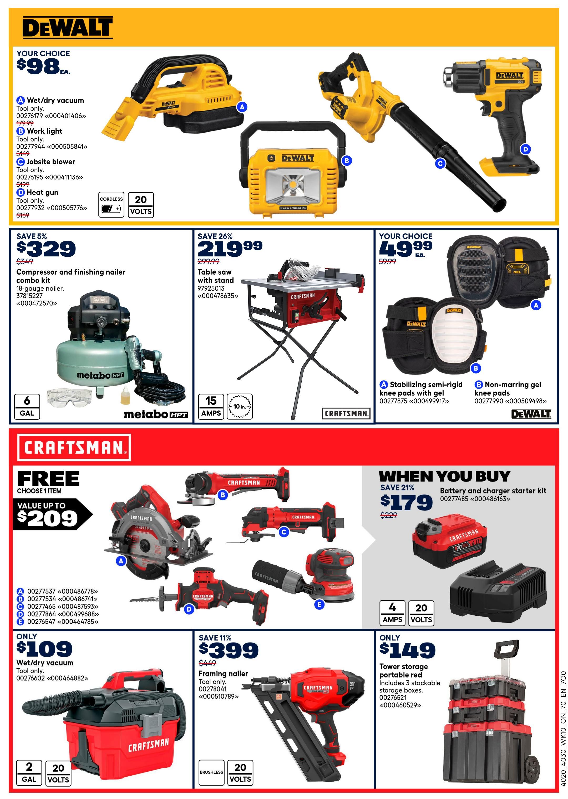 Rona Ontario flyer page 14 features DeWalt and Craftsman tools. DeWalt offers a choice of four tools for $98 each: a wet/dry vacuum, a work light, a jobsite blower, or a heat gun, all compatible with 20-volt cordless systems. Also featured is a Metabo HPT compressor and finishing nailer combo kit for $329 (save 5%), which includes an 18-gauge nailer and a 6-gallon compressor. A DeWalt table saw with stand is on sale for $219.99 (save 26%), featuring 15 amps and a 10-inch blade. DeWalt stabilizing semi-rigid knee pads with gel are $49.99, as are non-marring gel knee pads. Craftsman offers a free choice of item with value up to $209. When you buy a Craftsman battery and charger starter kit for $179 (save 21%), you can choose from a circular saw, a reciprocating saw, a sander, or a multi-tool. Also available is a Craftsman wet/dry vacuum for $109, with 2-gallon capacity and 20-volt compatibility. A Craftsman framing nailer is $399 (save 11%), a brushless tool with 20-volt compatibility. Finally, a Craftsman tower storage portable red system with 3 stackable storage boxes is available for $149.