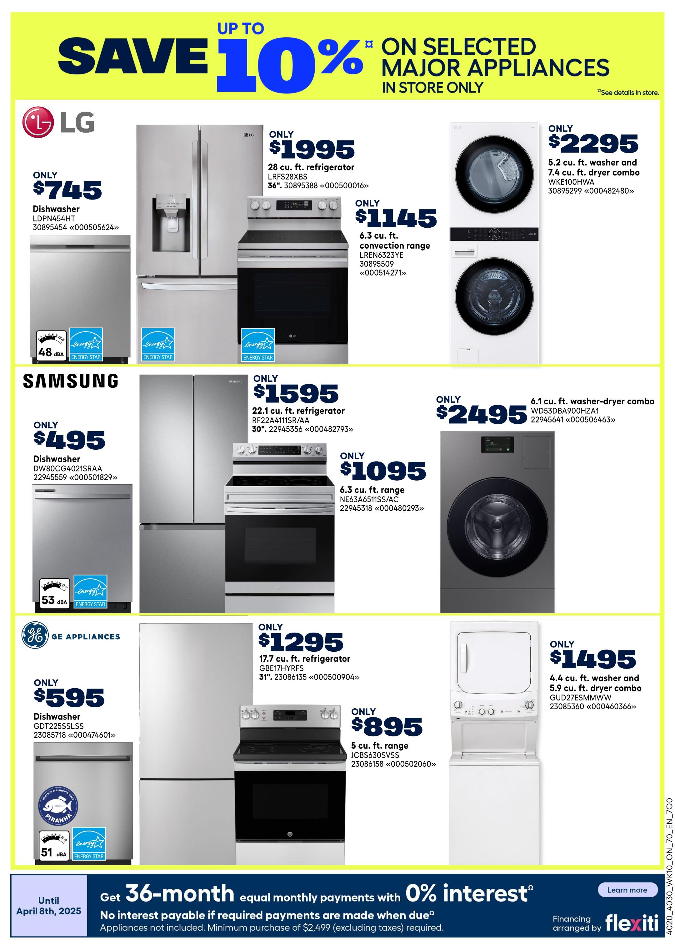 Rona Ontario Weekly Flyer Specials page 22 features major appliance savings. LG offers a dishwasher for only $745 and a 28 cu. ft. refrigerator for $1995. Also available is a 6.3 cu. ft. convection range for $1145 and a 5.2 cu. ft. washer and 7.4 cu. ft. dryer combo for $2295. Samsung showcases a dishwasher for $495, a 22.1 cu. ft. refrigerator for $1595, and a 6.3 cu. ft. range for $1095. A 6.1 cu. ft. washer-dryer combo is priced at $2495. GE Appliances presents a dishwasher for $595, a 17.7 cu. ft. refrigerator for $1295, a 5 cu. ft. range for $895, and a 4.4 cu. ft. washer and 5.9 cu. ft. dryer combo for $1495. The flyer also promotes a 36-month equal monthly payment plan with 0% interest on appliances, with no interest payable if required payments are made when due, and a minimum purchase of $2,499 (excluding taxes) required. Learn more about financing arranged by Flexiti.