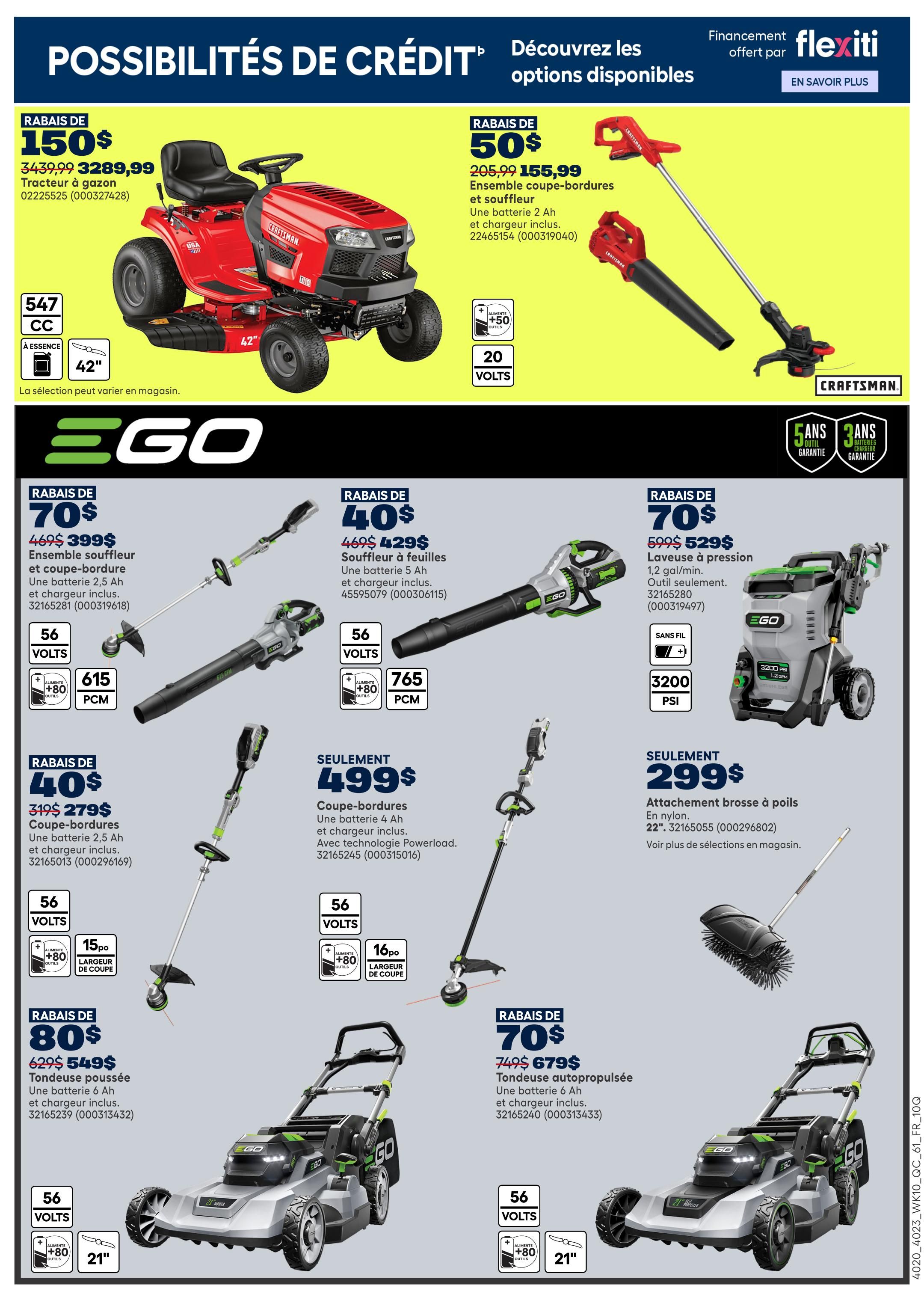 Rona Weekly Flyer Specials Page 5: Features a Craftsman riding lawn mower with a $150 discount, now $3289.99. Also on sale is a Craftsman string trimmer and blower combo for $50 off, priced at $155.99. The page highlights EGO brand products with various discounts: a leaf blower and string trimmer combo for $70 off at $399, a leaf blower for $40 off at $429, a string trimmer for $40 off at $279, a pressure washer for $70 off at $629, a brush attachment for $299, a push lawn mower for $80 off at $549, and a self-propelled lawn mower for $70 off at $679. Many EGO products are 56-volt and include a battery and charger.