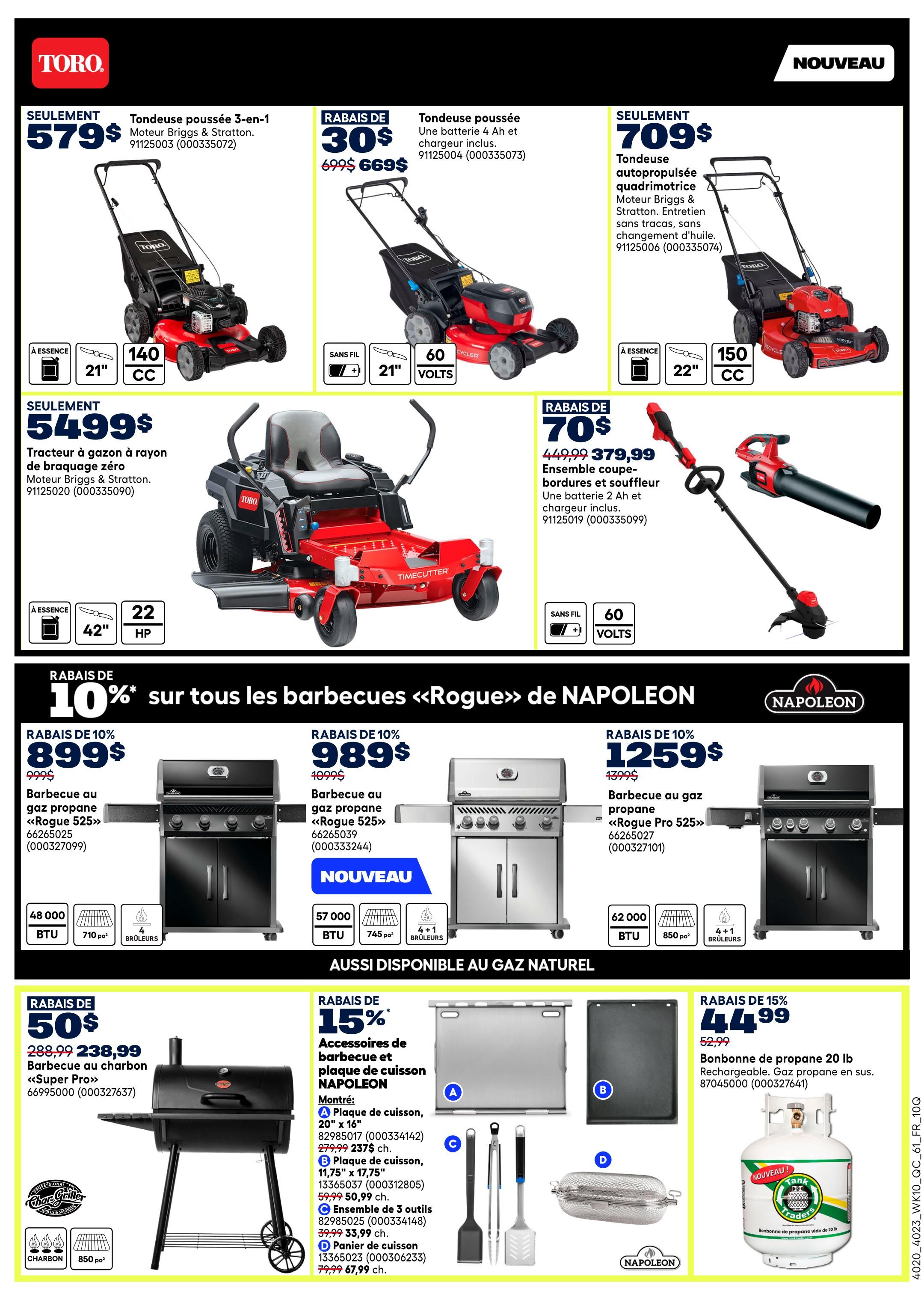 Rona weekly flyer specials page 6 features Toro lawnmowers including a 3-in-1 push mower for $579, a battery-powered mower for $709, and a zero-turn riding mower for $5,499. Also available is a 2-tool combo kit (trimmer and blower) for $379.99. The flyer highlights Napoleon Rogue BBQs with 10% off: the Rogue 525 for $899, another Rogue 525 for $989, and the Rogue Pro 525 for $1,259. Additionally, a Char-Griller charcoal BBQ is on sale for $238.99. Napoleon BBQ accessories are featured with 15% off, including a 20' grill plate for $237.99, an 11.75' x 17.75' grill plate for $50.99, a 3-piece tool set for $33.99, and a grill basket for $67.99. A 20 lb propane tank is also available for $44.99.