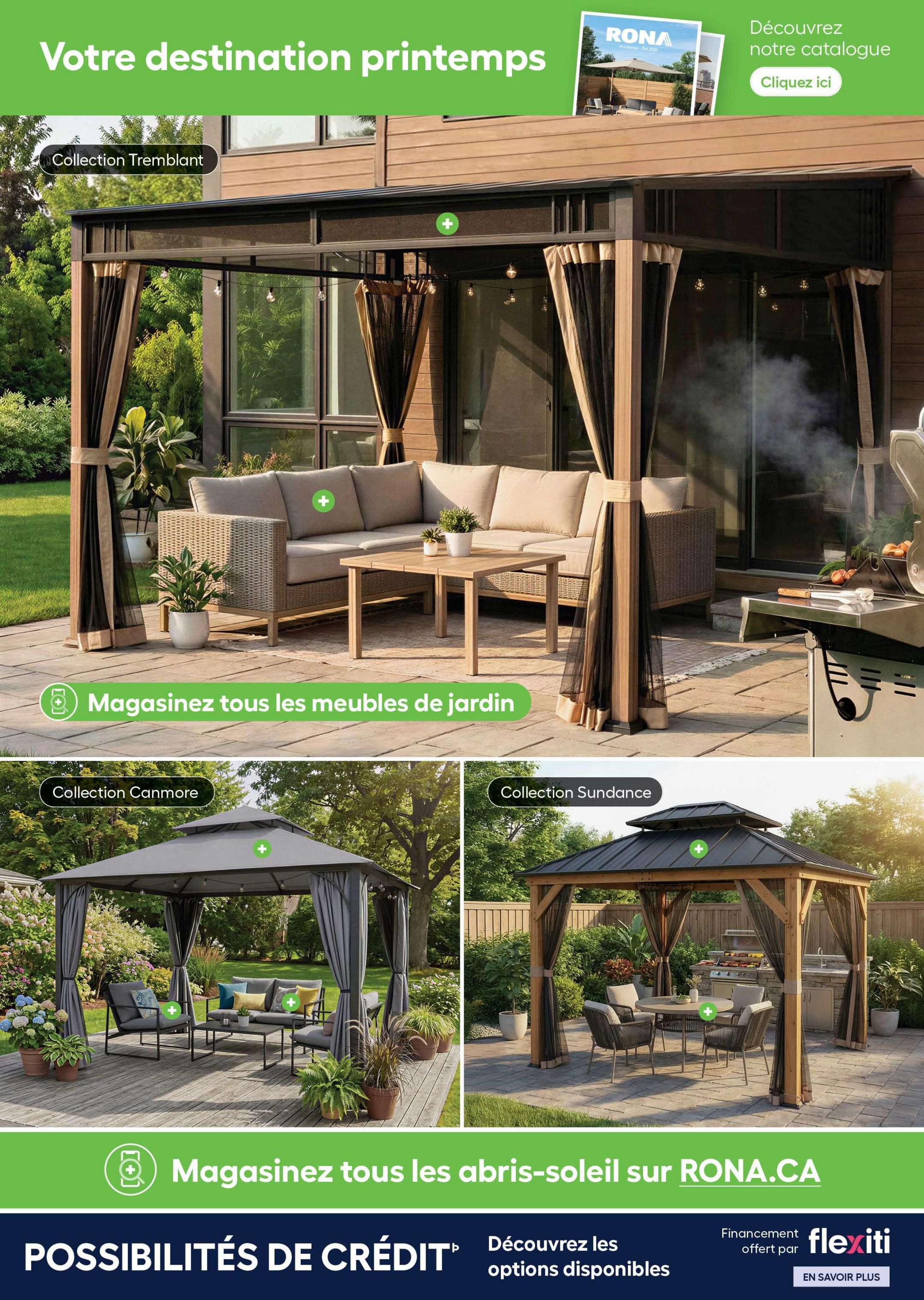 Rona weekly flyer specials page 8 features outdoor living spaces. The top section showcases the Tremblant Collection with a large gazebo and sectional outdoor sofa. Below, the Canmore Collection features a grey gazebo with seating, and the Sundance Collection displays a wooden gazebo with a dining set. Text highlights 'Shop all garden furniture' and 'Shop all gazebos' on RONA.CA. The bottom section promotes credit options and financing through Flexiti.