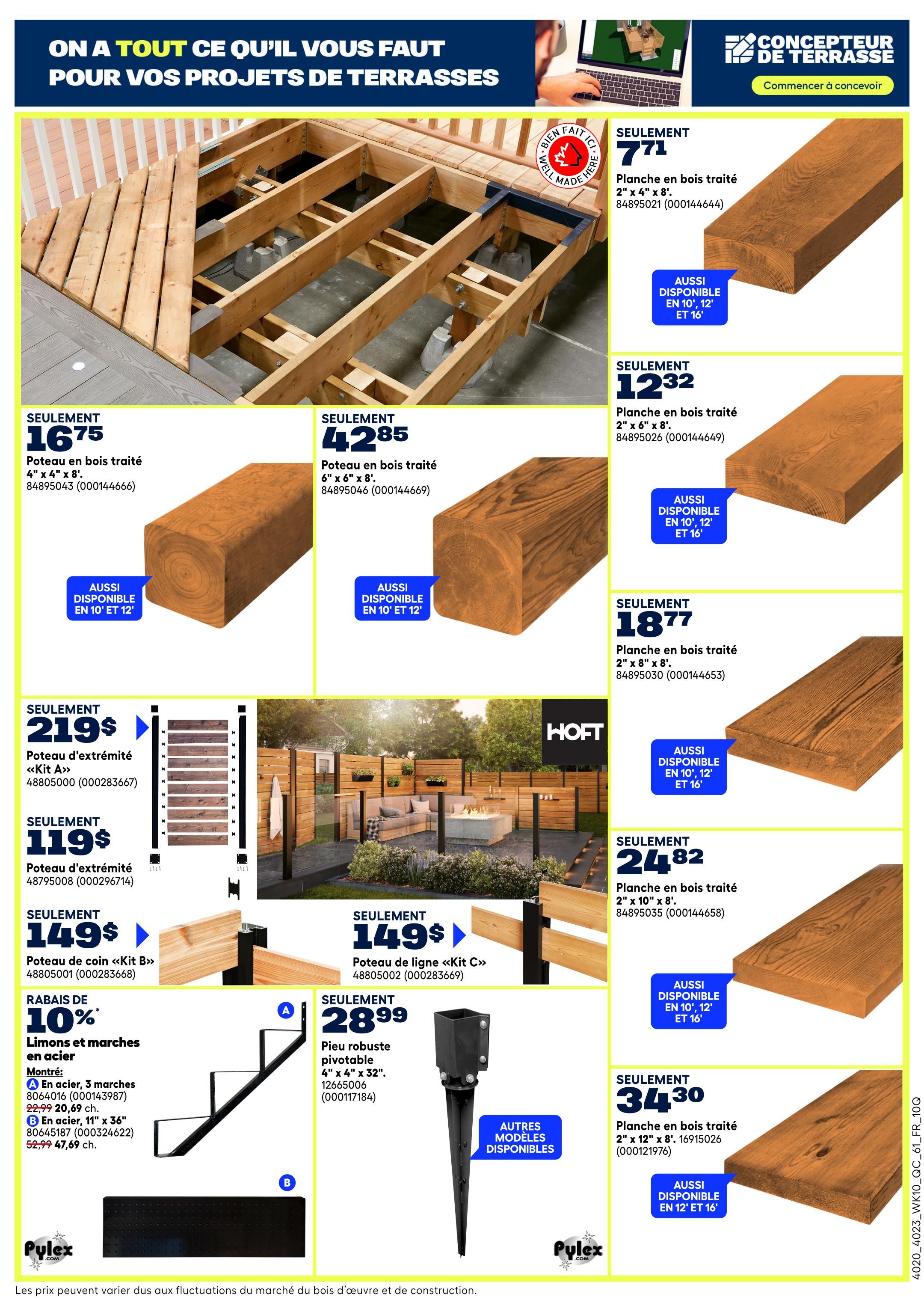 Rona weekly flyer specials page 12, featuring materials for deck projects. On the left, a treated wood post 4' x 4' x 8' is on sale for $16.75, and a treated wood post 6' x 6' x 8' is $42.85. Also available are end post kits for $219 and corner post kits for $149. A 10% discount is applied to steel stringers and steps, with a 3-step stringer priced at $20.69 and an 11' x 36' stringer at $47.69. On the right side of the page, various treated wood planks are featured: a 2' x 4' x 8' plank for $7.71, a 2' x 6' x 8' plank for $12.32, a 2' x 8' x 8' plank for $18.77, a 2' x 10' x 8' plank for $24.82, and a 2' x 12' x 8' plank for $34.30. Many of these planks are also available in 10', 12', and 16' lengths. The page also shows a robust pivoting post 4' x 4' x 32' for $28.99.