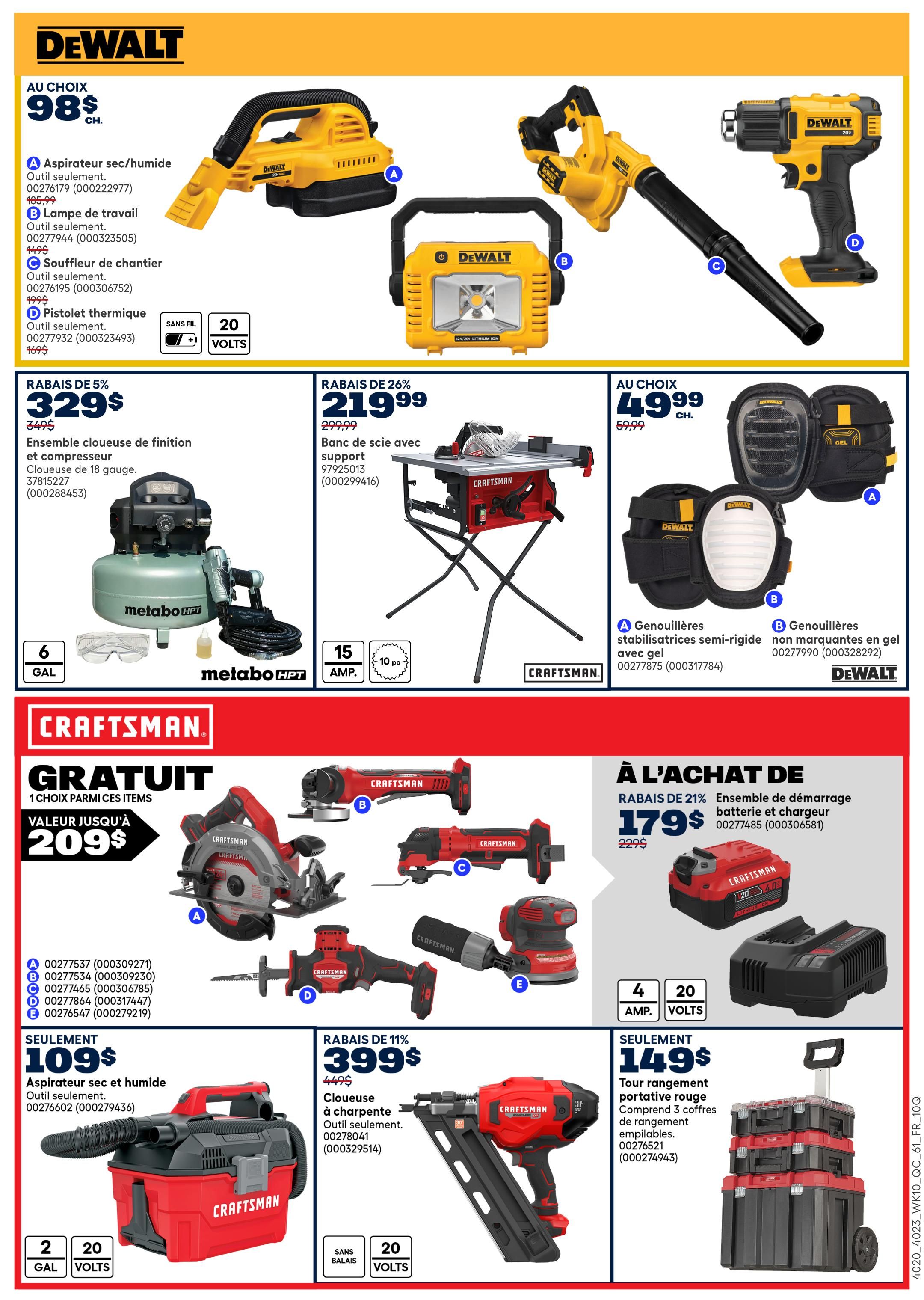 Rona weekly flyer specials page 14. Features DeWalt products including a wet/dry vacuum for $98, a work lamp for $98, a jobsite blower for $98, and a heat gun for $98. Also available are Metabo HPT finishing nailer and compressor combo for $329 (5% off), and a Craftsman table saw with stand for $219.99 (26% off). DeWalt offers semi-rigid knee pads for $49.99 and gel knee pads for $49.99. Craftsman deals include a free choice of select tools with purchase, valued up to $209, featuring a circular saw, impact driver, sander, reciprocating saw, and angle grinder. Individual Craftsman items on sale are a wet/dry vacuum for $109, a framing nailer for $399 (11% off), and a red portable rolling tool storage set for $149.