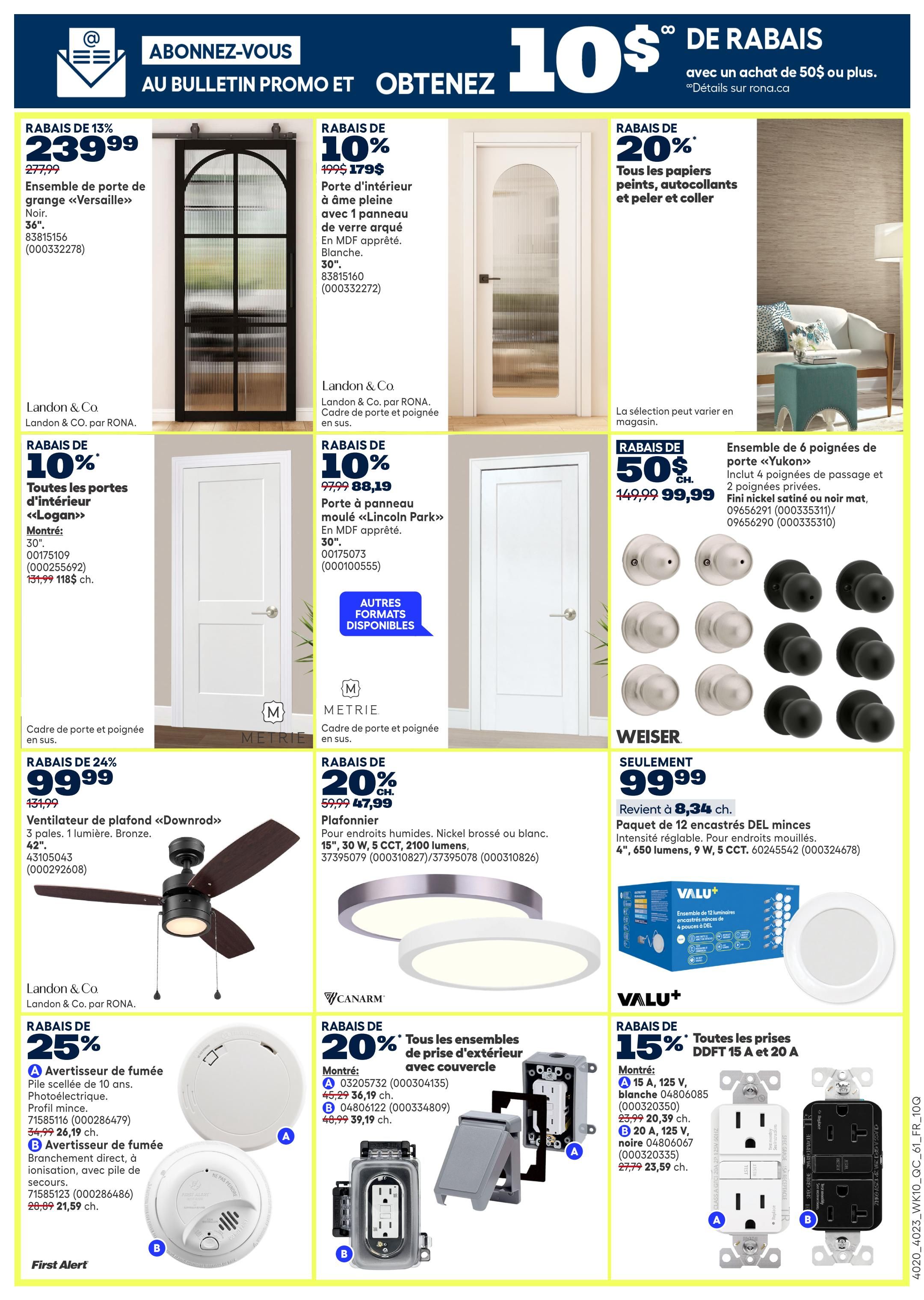 Rona weekly flyer specials page 17 features a variety of home improvement products. Top banner offers $10 off with a purchase of $50 or more. Featured items include a 13% discount on a Versailles barn door for $239.99, a 10% discount on an interior solid core door with a glass arch for $179, and 20% off all peel-and-stick wallpaper. Also available are a 10% discount on Logan interior doors, a 10% discount on Lincoln Park interior doors, and a 50% discount on Yukon door handle sets for $99.99. Lighting options include a 24% discount on a Downrod ceiling fan for $99.99 and a 20% discount on Canarm LED ceiling lights. Safety products include 25% off First Alert smoke detectors, with a photo-electric model for $26.19 and a direct-wire ionization model for $21.59. Additionally, there's a 15% discount on Valu+ 15A and 20A exterior outlets, with prices starting at $20.39.