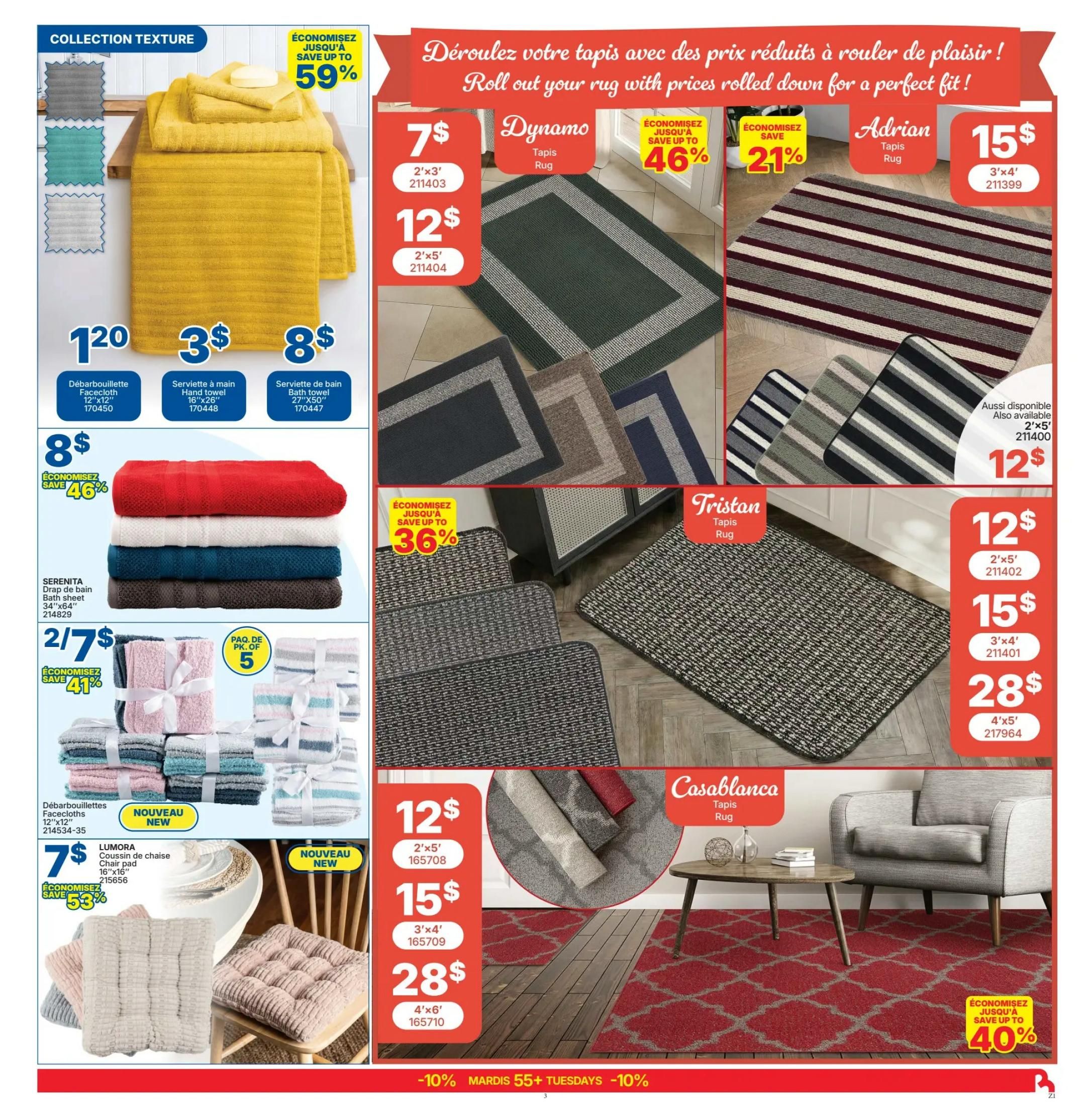 Rossy Weekly Flyer Specials Page 3: Features a collection of home textiles and rugs. Save up to 59% on bath accessories including facecloths for $1.20, hand towels for $3, and bath towels for $8. Serenity bath sheets (34'x64') are on sale for $8, saving 46%. A 5-pack of washcloths is available for 2 for $7, saving 41%. Lumora chair pads (16'x16') are new and priced at $7, with savings up to 53%. The page also showcases various rugs: Dynamo rugs in 2'x3' for $7 and 2'x5' for $12; Adrian rugs in 3'x4' for $15; Tristan rugs in 2'x5' for $12, 3'x4' for $15, and 4'x5' for $28; and Casablanca rugs in 2'x5' for $12, 3'x4' for $15, and 4'x5' for $28. Special offer: Save up to 46% on Dynamo rugs, up to 21% on Adrian rugs, up to 36% on Tristan rugs, and up to 40% on Casablanca rugs. Bottom banner: Save 10% on Tuesdays for seniors 55+.