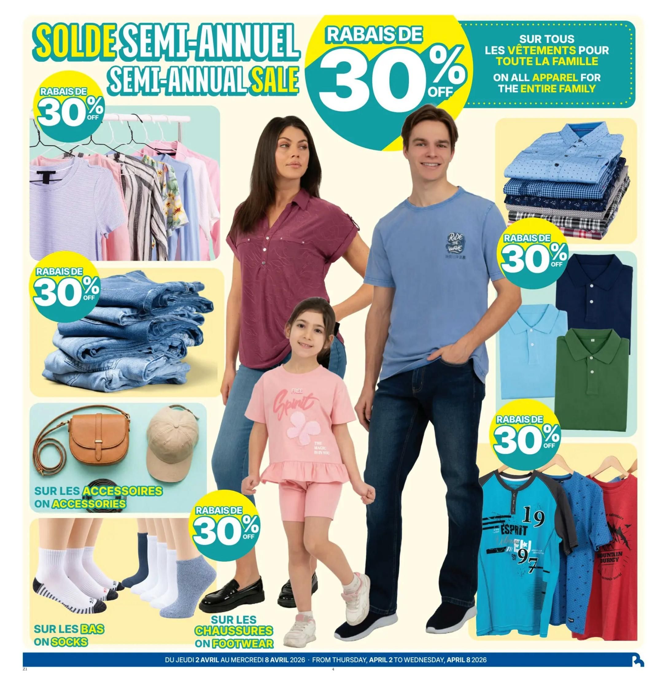 Rossy Weekly Flyer Specials, Page 4. Features a Semi-Annual Sale with 30% off on all apparel for the entire family. Displayed items include a selection of t-shirts, collared shirts, jeans, accessories like a brown handbag and a beige cap, socks in various colours, and footwear. Specific apparel shown includes a burgundy women's top, a blue men's t-shirt with 'Ride the Wave' graphic, a pink girl's t-shirt and shorts set, and various t-shirts and collared shirts for men and children. Also features 30% off on accessories, socks, and footwear. The sale runs from Thursday, April 2 to Wednesday, April 8, 2026.