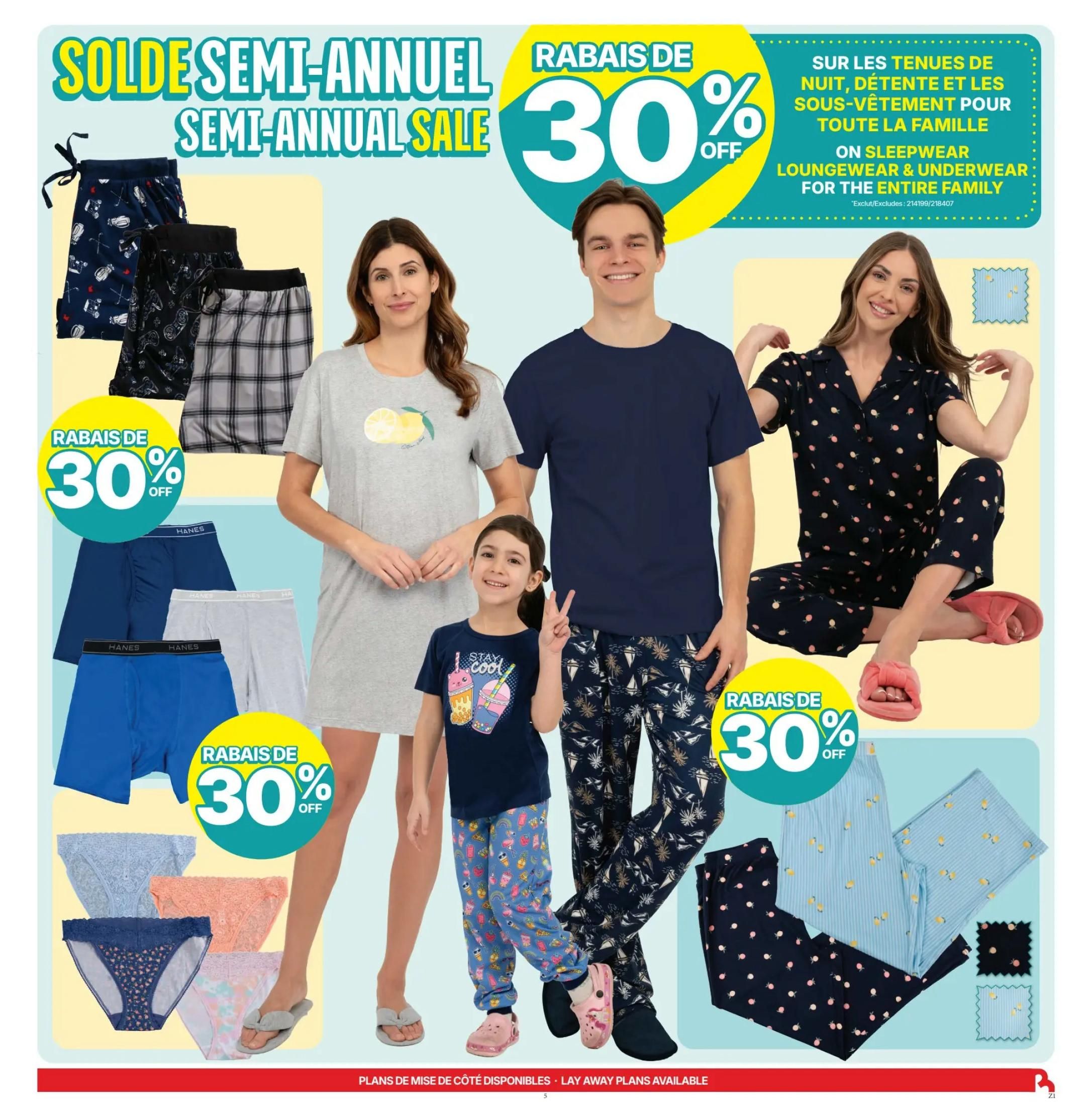 Rossy Weekly Flyer Specials, Page 5. Semi-Annual Sale featuring 30% off sleepwear, loungewear, and underwear for the entire family. Displays include men's patterned pajama pants, women's lemon-print sleep shirt, Hanes boxer briefs and briefs in various colours, and children's graphic t-shirt and patterned pajama pants. Also shown are women's pajama sets with polka dot and striped patterns. Lay away plans available.