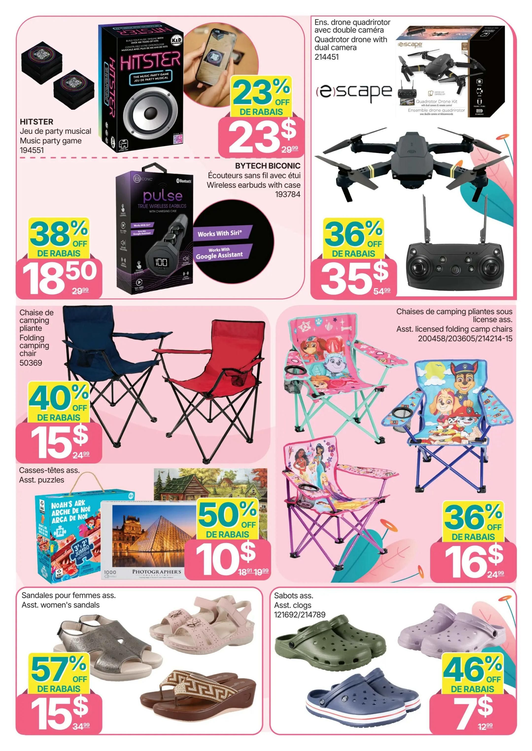 Rossy Weekly Flyer Specials Page 11: Features Hitster Music Party Game for $23 (23% off, originally $29.99). Bytech Biconic true wireless earbuds with charging case are $18.50 (38% off, originally $29.99). A quadrotor drone with dual camera is $35 (36% off, originally $54.99). Folding camping chairs are $15 (40% off, originally $24.99). Asst. licensed folding camp chairs are $16 (36% off, originally $24.99). Asst. puzzles are 50% off, priced at $10 (originally $19.99). Asst. women's sandals are $15 (57% off, originally $34.99). Asst. clogs are $7 (46% off, originally $12.99).