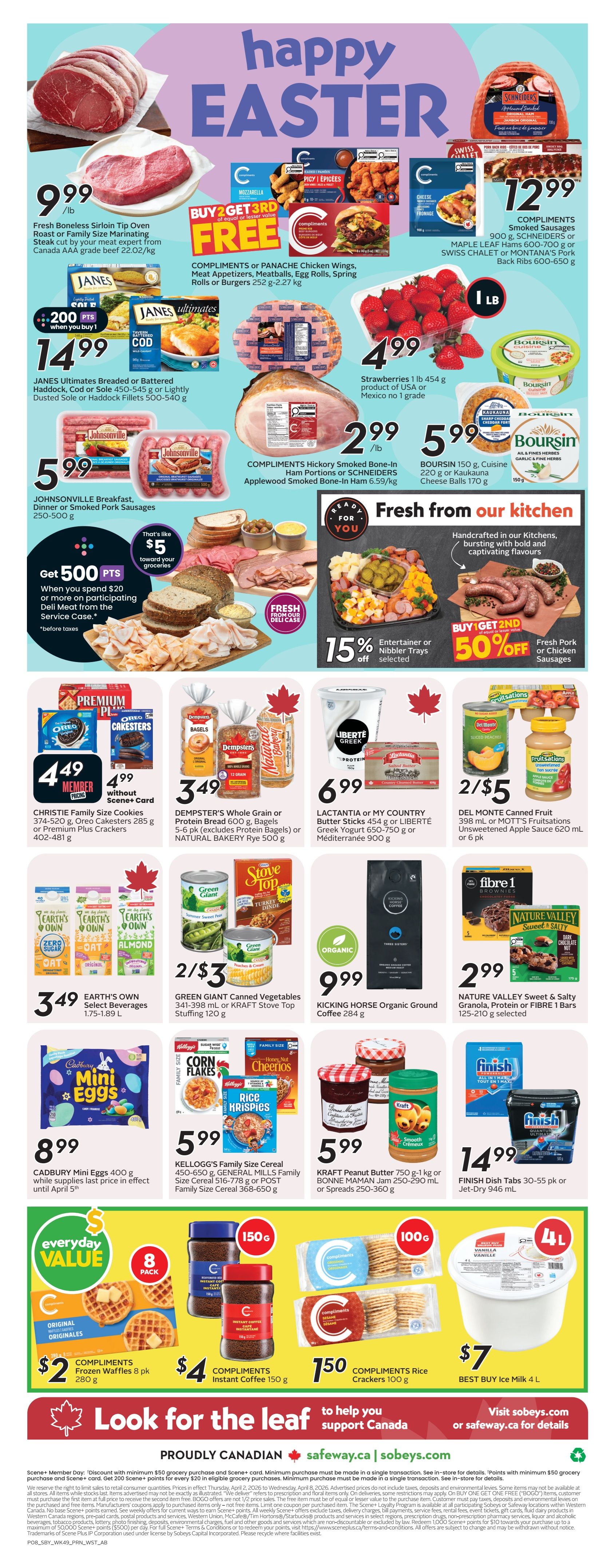 Safeway Alberta weekly flyer specials page 3 features a Happy Easter theme. Top deals include Fresh Boneless Sirloin Tip Oven Roast or Family Size Marinating Steak cut by your meat expert from Canada AAA grade beef for $9.99/lb. Compliments Chicken Wings, Meat Appetizers, Meatballs, Egg Rolls, Spring Rolls or Burgers are Buy 2 Get 3rd Free. Janes Ultimates Breaded or Battered Haddock, Cod or Sole 500-540 g are $5.99. Strawberries 1 lb are $4.99. Compliments Smoked Sausages 900 g, Maple Leaf Hams 600-700 g or Swiss Chalet or Montana's Pork Back Ribs 600-650 g are $12.99. Johnsonville Breakfast, Dinner or Smoked Pork Sausages 250-500 g are $5.99. Compliments Hickory Smoked Bone-In Ham Portions or Schneiders Applewood Smoked Bone-In Ham 6.59/kg are $2.99/lb. Boursin 150 g or Kaukana Cheese Balls 170 g are $5.99. Get 500 bonus points toward groceries when you spend $20 or more on participating Deli Meat from the Service Case. Fresh Pork or Chicken Sausages are Buy 1 Get 1 50% off. Christie Family Size Cookies 374-520 g, Oreo Cakesters 285 g or Premium Plus Crackers 402-481 g are $4.49 (member price) or $4.99 without Scene+ Card. Dempster's Whole Grain or Protein Bread 600 g, Bagels 5-6 pk or Natural Bakery Rye 500 g are $3.49. Lactantia or My Country Butter Sticks 454 g or Liberté Greek Yogurt 650-750 g or Méditerrannée 900 g are $6.99. Del Monte Canned Fruit 398 ml or Mott's Fruitsations Unsweetened Apple Sauce 620 ml or 6 pk are 2/$5. Earth's Own Select Beverages 1.75-1.89 L are $3.49. Green Giant Canned Vegetables 341-398 ml or Kraft Stove Top Stuffing 120 g are 2/$3. Kicking Horse Organic Ground Coffee 284 g is $9.99. Nature Valley Sweet & Salty Granola, Protein or Fibre 1 Bars 125-210 g are $2.99. Cadbury Mini Eggs 400 g are $8.99 while supplies last. Kellogg's Family Size Cereal 516-778 g or Post Family Size Cereal 368-650 g are $5.99. Kraft Peanut Butter 750 g-1 kg or Bonne Maman Jam 250-290 ml or Spreads 250-360 g are $5.99. Compliments Frozen Waffles 8 pk 280 g are $2. Compliments Instant Coffee 150 g are $4. Compliments Rice Crackers 100 g are $1.50. Best Buy Ice Milk 4 L is $7.