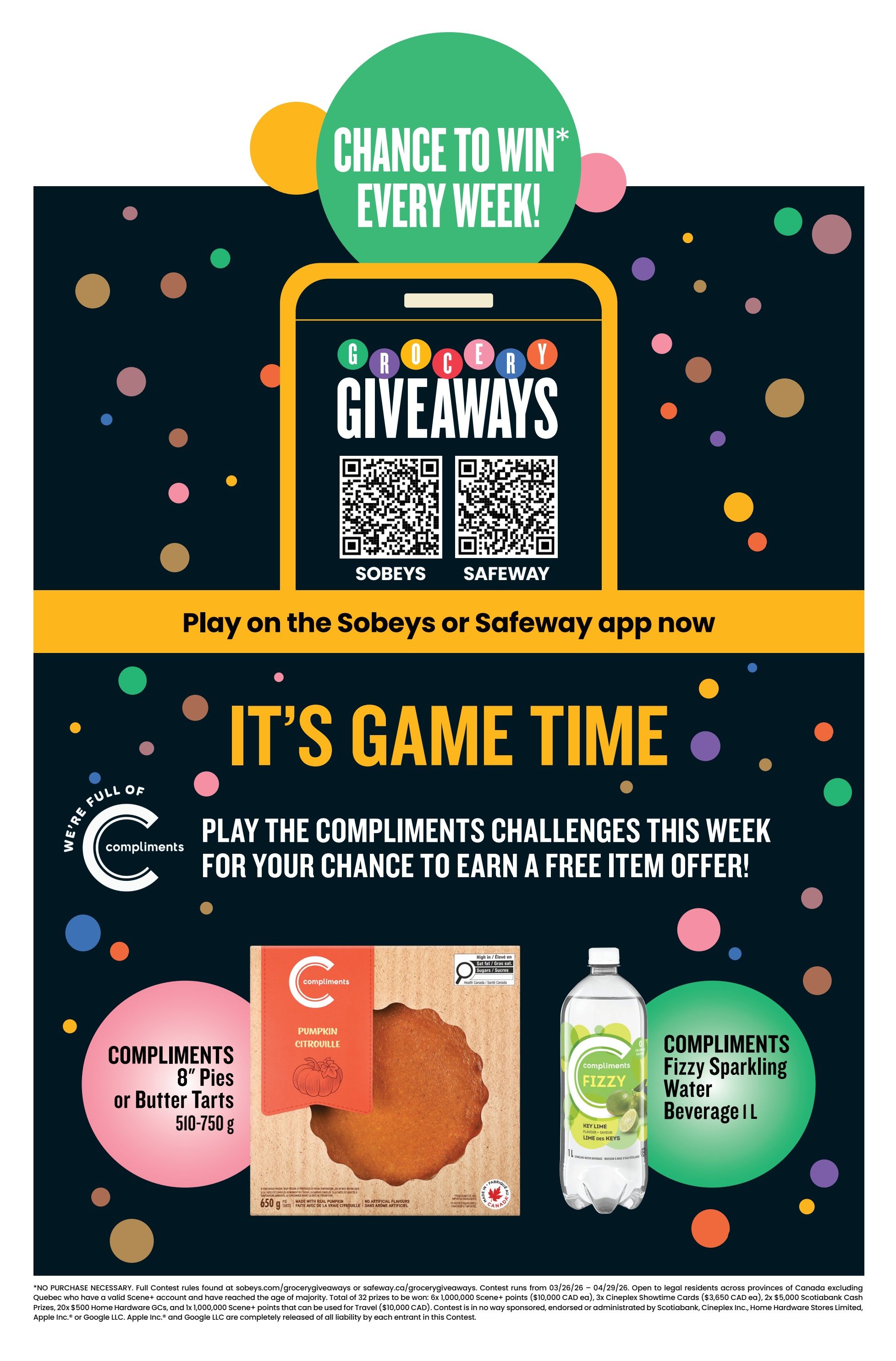Safeway flyer page featuring 'It's Game Time' promotions. Chance to win every week with Grocery Giveaways by playing on the Sobeys or Safeway app. Play Compliments Challenges for a chance to earn a free item offer. Featured products include Compliments 8' Pies or Butter Tarts (510-750 g) and Compliments Fizzy Sparkling Water Beverage (1 L) in Key Lime flavour. The page also includes contest details and rules.