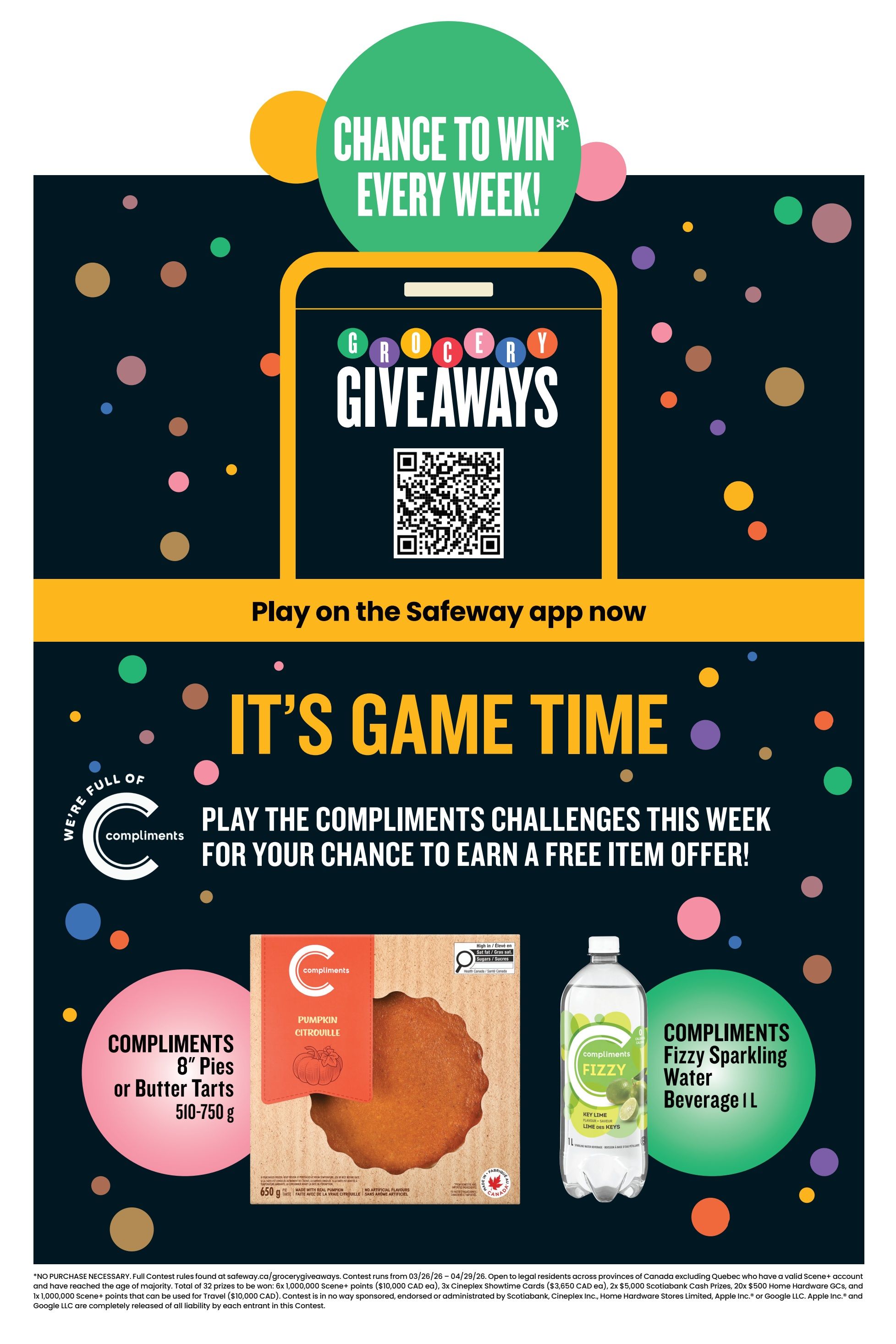 Safeway flyer page 20 features a 'Chance to Win Every Week' promotion with the 'Grocery Giveaways' on the Safeway app. It also highlights 'It's Game Time' with Compliments challenges for a chance to earn a free item offer. Featured products include Compliments 8' Pies or Butter Tarts (510-750 g) and Compliments Fizzy Sparkling Water Beverage (1 L). The page includes contest details and legal disclaimers.