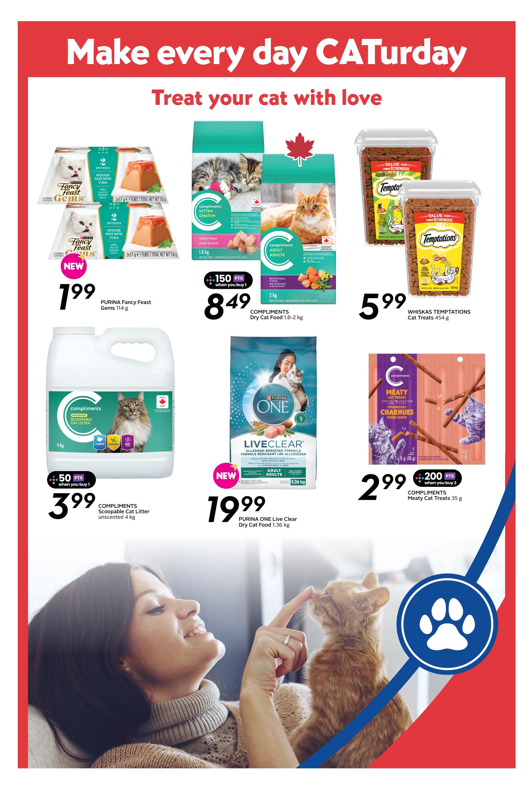 Sobeys weekly flyer specials page 18, featuring cat products. Offers include Purina Fancy Feast Gems 114 g for $1.99, Compliments Dry Cat Food 1.8-2 kg for $8.49 with 150 bonus points when you buy, Whiskas Temptations Cat Treats 454 g for $5.99, Compliments Scoopable Cat Litter unscented 4 kg for $3.99 with 50 bonus points when you buy, Purina ONE Live Clear Dry Cat Food 1.36 kg for $19.99, and Compliments Meaty Cat Treats 35 g for $2.99 with 200 bonus points when you buy. The page has a 'Make every day CATurday' theme.
