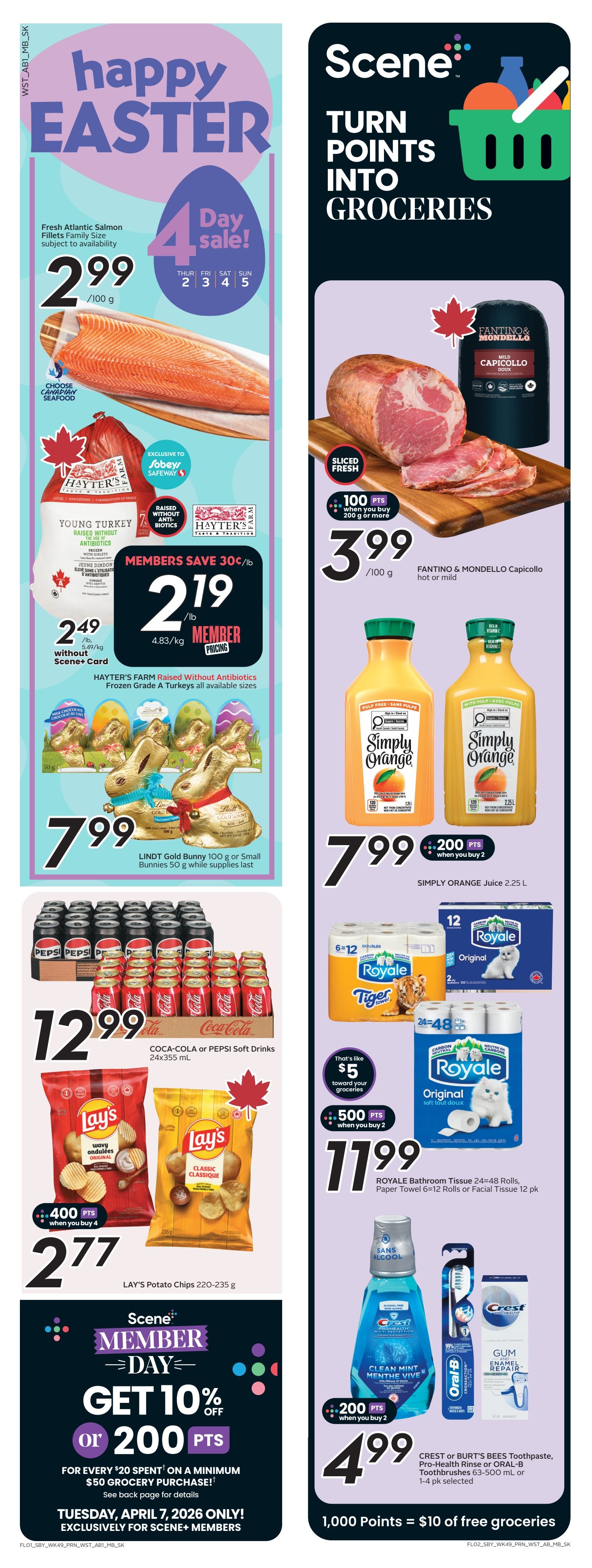 Sobeys weekly flyer specials page 2 features a 'Happy Easter' sale with Fresh Atlantic Salmon Fillets for $2.99/100g, valid April 2-5. Hayter's Farm Raised Without Antibiotics Young Turkey is $2.49/lb without Scene+ Card, or members save 30¢/lb and get it for $2.19/lb. Lindt Gold Bunny 100g or Small Bunnies 50g are $7.99. Coca-Cola or Pepsi Soft Drinks 24x355 mL are $12.99. Lay's Potato Chips 220-235g are $2.77 when you buy 4, with 400 bonus Scene+ points. Scene+ Member Day on Tuesday, April 7, 2026, offers 10% off or 200 bonus Scene+ points on a minimum $50 grocery purchase. On the right side, Fantino & Mondello Capicollo hot or mild is $3.99/100g, with 100 bonus Scene+ points when you buy 200g or more. Simply Orange Juice 2.25 L is $7.99 when you buy 2, with 200 bonus Scene+ points. Royale Bathroom Tissue 24-48 rolls or Paper Towel 6-12 rolls or Facial Tissue 12 pk is $11.99, with 500 bonus Scene+ points and $5 toward your groceries when you buy 2. Crest or Burt's Bees Toothpaste, Pro-Health Rinse or Oral-B Toothbrushes 63-500 mL or 1-4 pk selected are $4.99 when you buy 2, with 200 bonus Scene+ points. Scene+ members can redeem 1,000 points for $10 of free groceries.