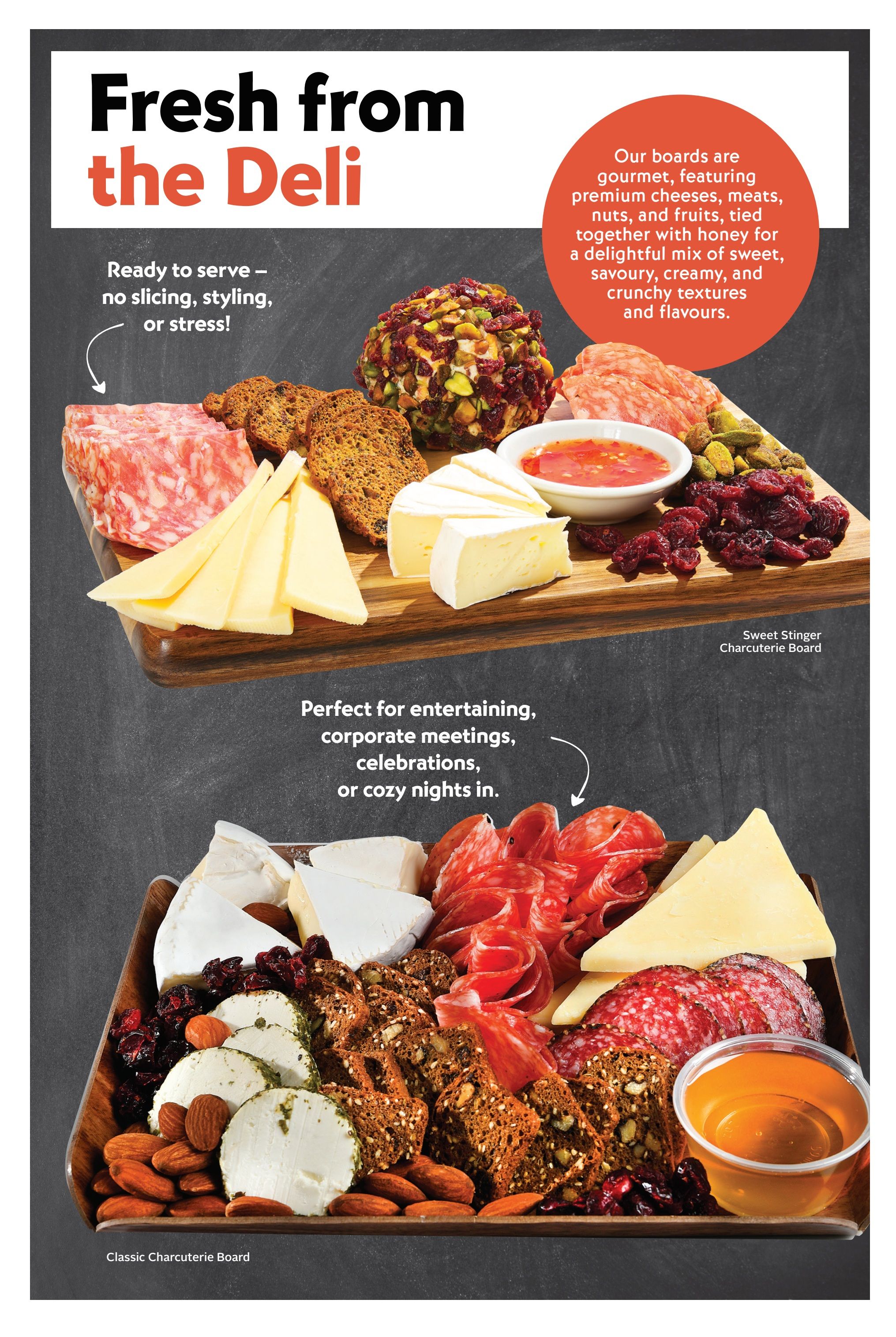 Sobeys flyer page 13 featuring 'Fresh from the Deli' charcuterie boards. The top board, a Sweet Stinger Charcuterie Board, is ready to serve with no slicing, styling, or stress. It includes gourmet premium cheeses, meats, nuts, and fruits, tied together with honey for a delightful mix of sweet, savoury, creamy, and crunchy textures and flavours. The bottom board, a Classic Charcuterie Board, is perfect for entertaining, corporate meetings, celebrations, or cozy nights in. Both boards showcase an assortment of sliced meats like salami, various cheeses, crackers, nuts such as almonds, dried cranberries, and honey.