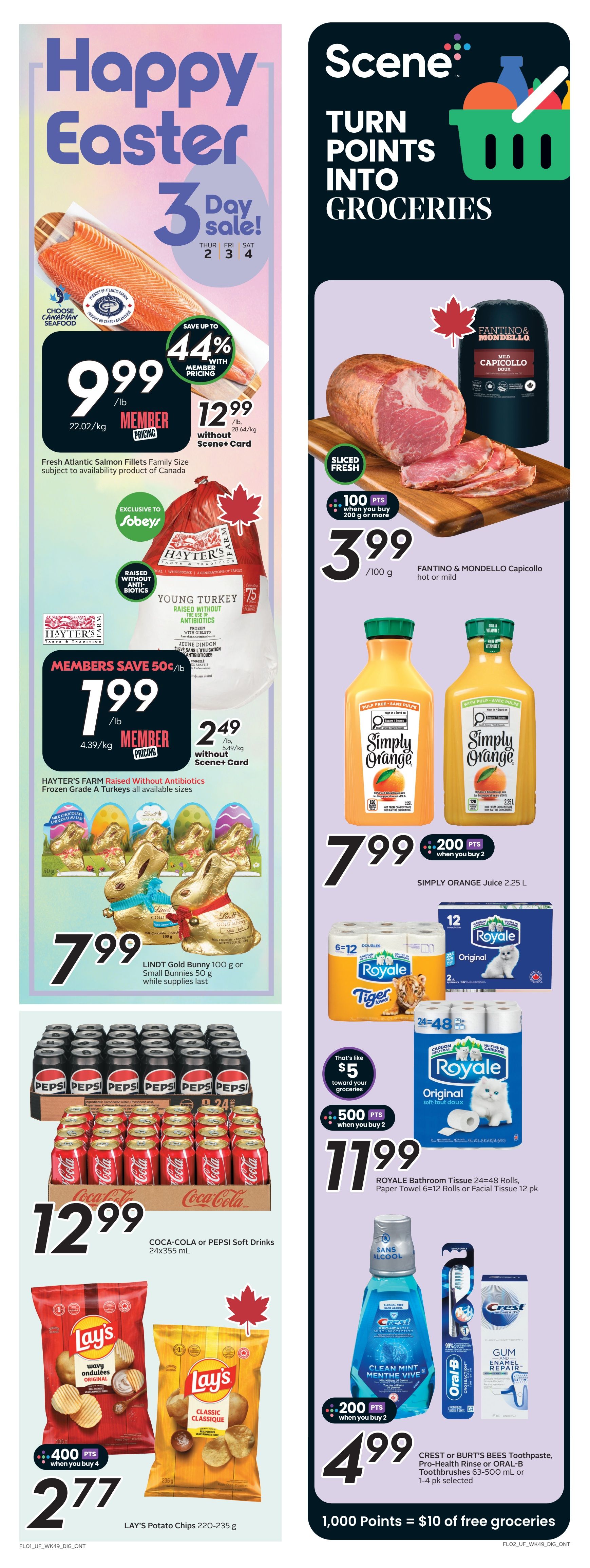 Sobeys weekly flyer specials page 2 features a 3-day Happy Easter sale. Fresh Atlantic Salmon Fillets are on sale for $9.99/lb, saving up to 44% with member pricing. Hayter's Farm Young Turkey, raised without antibiotics, is $1.99/lb for members, a saving of $0.50/lb, or $2.49/lb without Scene+ card. Lindt Gold Bunny 100 g or Small Bunnies 50 g are $7.99. Coca-Cola or Pepsi Soft Drinks 24x355 mL are $12.99. Lay's Potato Chips 220-235 g are $2.77 when you buy 4, earning 400 Scene+ points. On the right side, Fantino & Mondello Capicollo (hot or mild) is $3.99/100 g, with 100 Scene+ points when you buy 200 g or more. Simply Orange Juice 2.25 L is $7.99 when you buy 2, earning 200 Scene+ points. Royale Bathroom Tissue 24-48 rolls or Facial Tissue 12 pk is $11.99, earning 500 Scene+ points when you buy 2. Crest or Burt's Bees Toothpaste, Pro-Health Rinse or Oral-B Toothbrushes are $4.99, with 200 Scene+ points when you buy 2. Scene+ members can turn 1,000 points into $10 of free groceries.