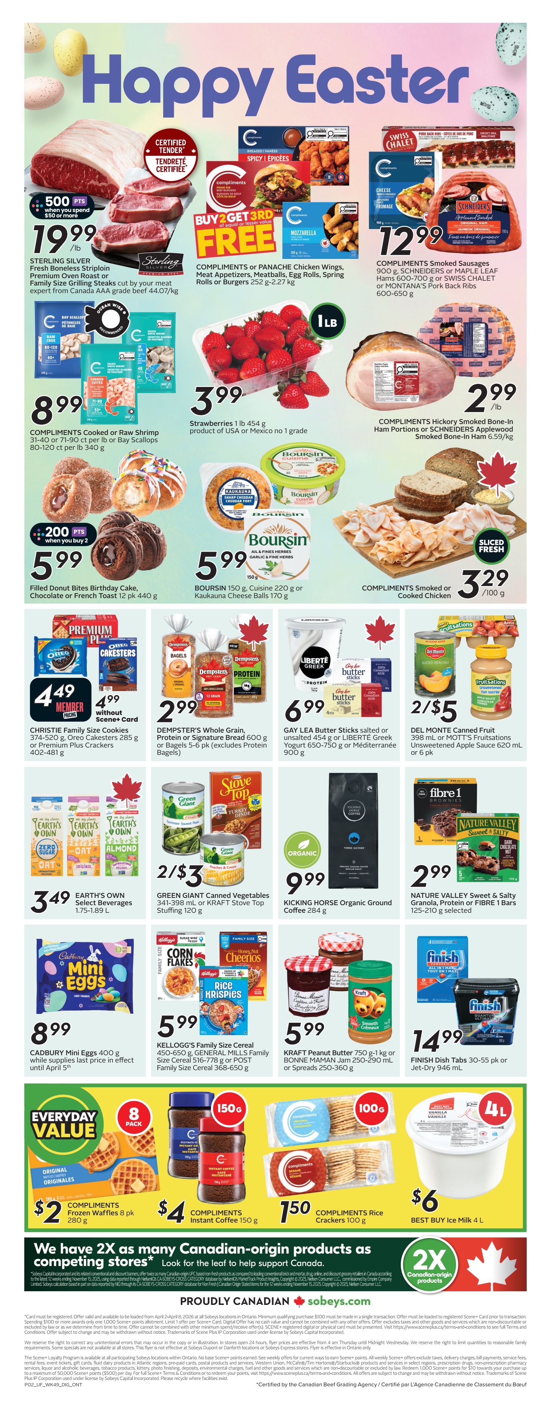 Sobeys Urban Fresh weekly flyer specials page 3 features a Happy Easter theme. Highlights include Sterling Silver Premium Oven Roast or Boneless Striploin for $19.99/lb, Compliments Chicken Wings, Meat Appetizers, Meatballs, Egg Rolls, Spring Rolls or Burgers Buy 2 Get 3rd Free, Compliments Cooked or Raw Shrimp for $8.99, Strawberries for $3.99/lb, Compliments Smoked Sausages or Maple Leaf Hams for $12.99, Filled Donut Bites Birthday Cake for $5.99 when you buy 2 (200 points), Boursin Cheese or Kaukauna Cheese Balls for $5.99, Compliments Smoked or Cooked Chicken for $3.29/100g, Christie Family Size Cookies or Oreos/Cakesters for $4.49 Member without Scene+ card, Dempster's Whole Grain, Protein or Signature Bread or Bagels for $2.99, Gay Lea Butter Sticks or Liberté Greek Yogurt for $6.99, Del Monte Canned Fruit or Mott's Fruitsations Unsweetened Apple Sauce for 2/$5, Earth's Own Select Beverages for $3.49, Green Giant Canned Vegetables or Kraft Stove Top Stuffing for 2/$3, Kicking Horse Organic Ground Coffee for $9.99, Nature Valley Sweet & Salty Granola, Protein or Fibre 1 Bars for $2.99, Cadbury Mini Eggs for $8.99, Kellogg's Family Size Cereal or Post Family Size Cereal for $5.99, Kraft Peanut Butter or Bonne Maman Jam for $5.99, Finish Dish Tabs for $14.99. The bottom section highlights 'Everyday Value' with Compliments Frozen Waffles for $2, Compliments Instant Coffee for $4, Compliments Rice Crackers for $0.75, and Best Buy Ice Milk 4L for $6. The flyer also promotes 'We have 2x as many Canadian-origin products as competing stores' and 'Proudly Canadian sobeys.com'.