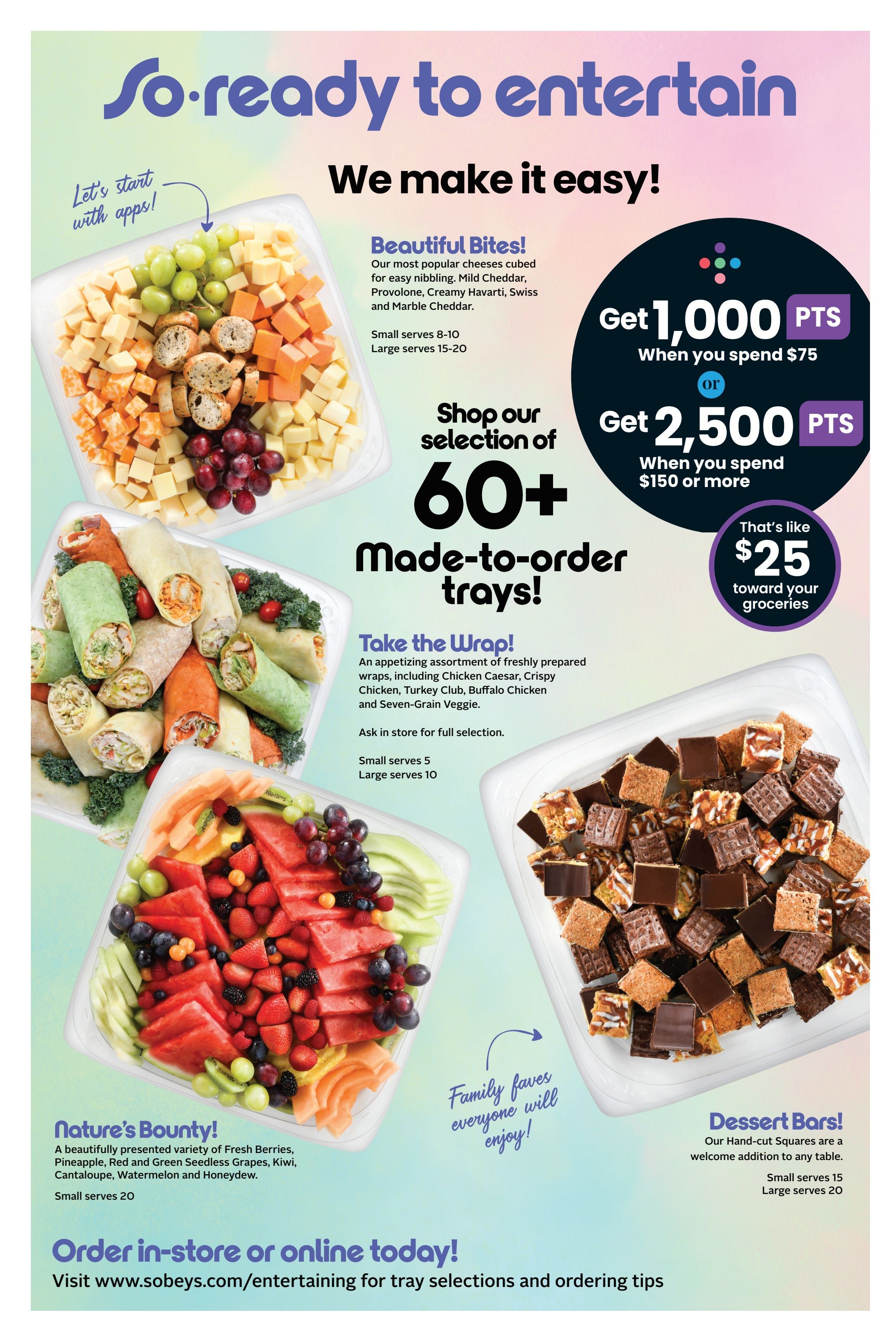 Sobeys flyer page showcasing 'So ready to entertain' theme with easy entertaining solutions. Features 'Beautiful Bites' cheese tray with Mild Cheddar, Provolone, Creamy Havarti, Swiss, and Marble Cheddar, available in small (serves 8-10) and large (serves 15-20). Also highlights 'Take the Wrap!' with an assortment of freshly prepared wraps including Chicken Caesar, Crispy Chicken, Turkey Club, Buffalo Chicken, and Seven-Grain Veggie, in small (serves 5) and large (serves 10). 'Nature's Bounty!' fruit tray offers Fresh Berries, Pineapple, Red and Green Seedless Grapes, Kiwi, Cantaloupe, Watermelon, and Honeydew, small serves 20. 'Dessert Bars!' feature hand-cut squares, small serves 15, large serves 20. Earn 1,000 bonus points when you spend $75, or 2,500 bonus points when you spend $150 or more, which is like $25 toward groceries. Order in-store or online today at www.sobeys.com/entertaining for tray selections and ordering tips.