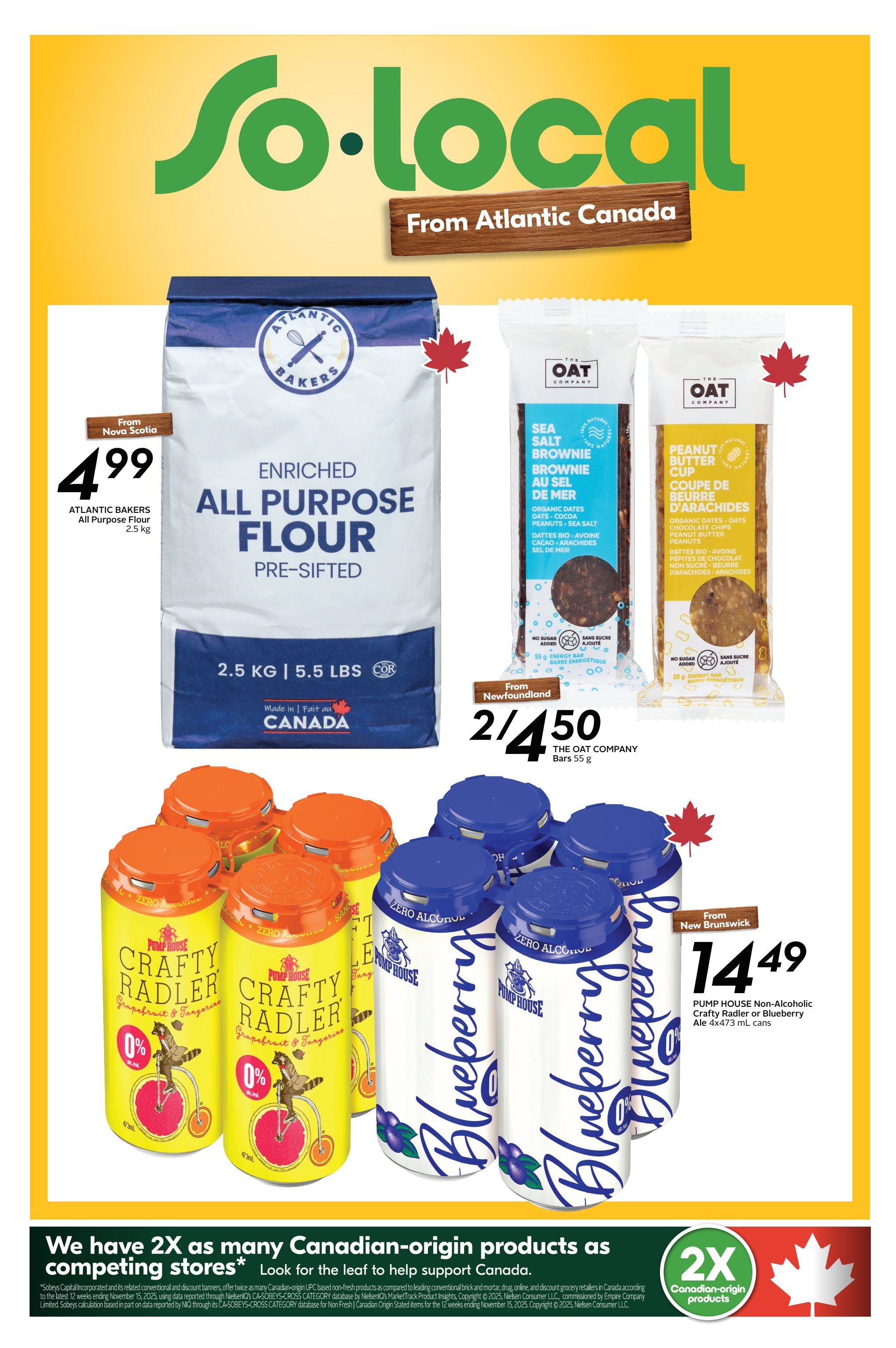 Sobeys Atlantic Canada flyer page featuring 'So.local' products. Highlights include Atlantic Bakers Enriched All Purpose Flour (2.5 kg) for $4.99, The Oat Company Sea Salt Brownie Bars and Peanut Butter Cups at 2 for $4.50, and Pump House Non-Alcoholic Crafty Radler or Blueberry Ale (4x473 mL cans) for $14.49. The page emphasizes supporting Canadian-origin products.