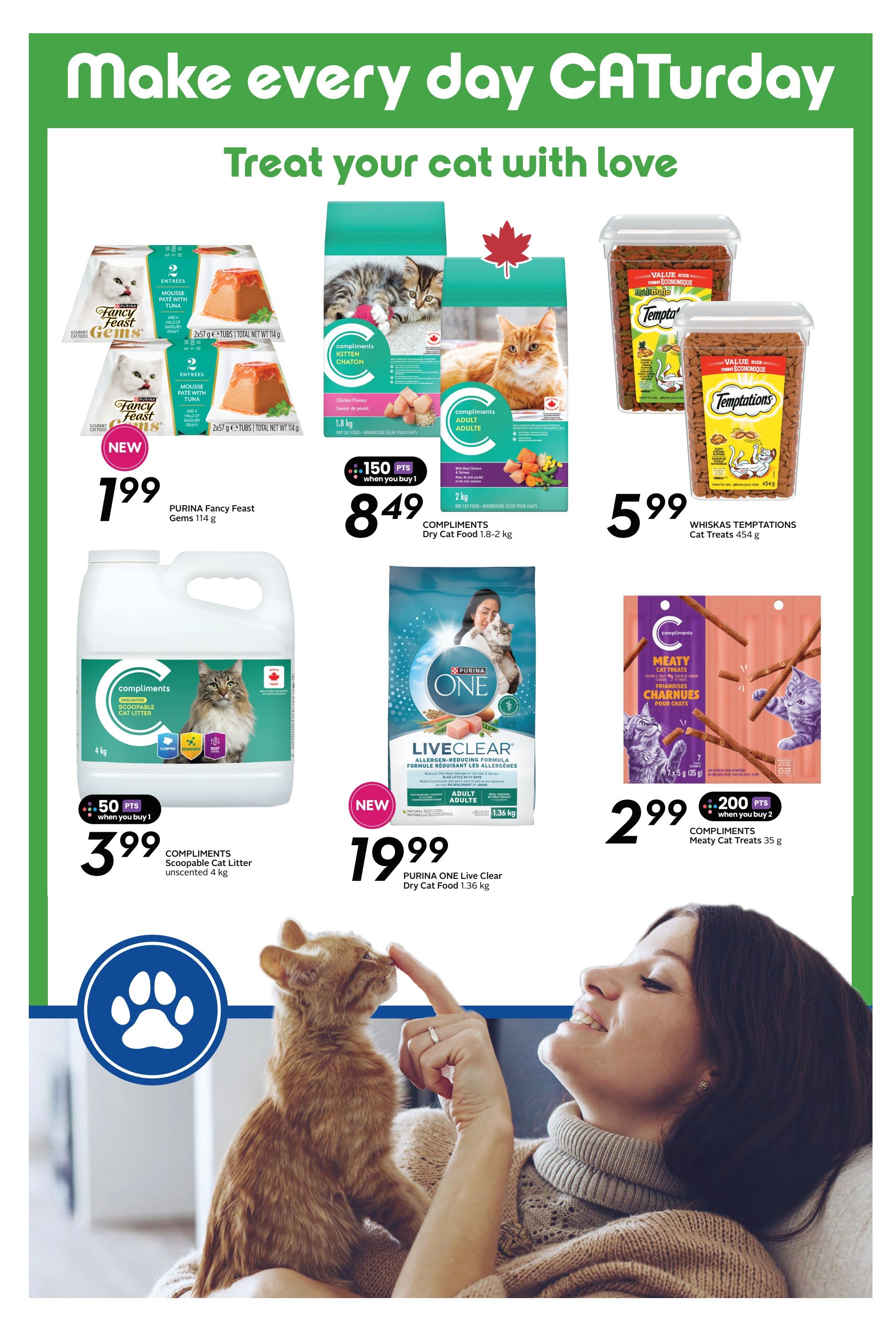 Sobeys Atlantic Canada weekly flyer specials page 19, featuring 'Make every day CATurday - Treat your cat with love'. Offers include Purina Fancy Feast Gems 114 g for $1.99, Compliments Dry Cat Food 1.8-2 kg for $8.49 with 150 bonus points when you buy 1, Whiskas Temptations Cat Treats 454 g for $5.99, Compliments Scoopable Cat Litter unscented 4 kg for $3.99 with 50 bonus points when you buy 1, Purina ONE Live Clear Dry Cat Food 1.36 kg for $19.99, and Compliments Meaty Cat Treats 35 g for $2.99 with 200 bonus points when you buy 2.