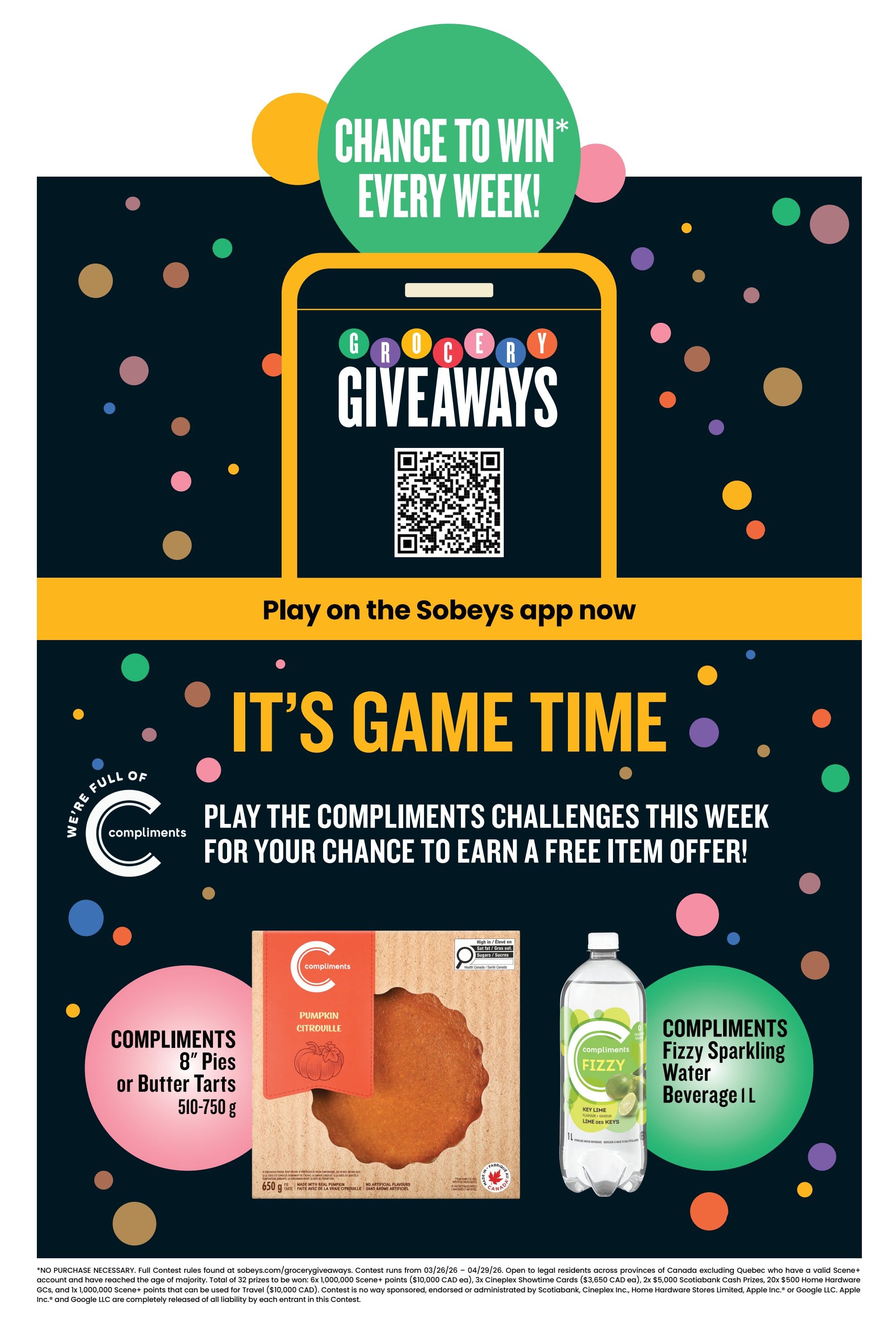 Sobeys weekly flyer specials page 20. Features 'It's Game Time' with Compliments challenges for a chance to earn a free item offer. Also highlights Compliments 8' Pies or Butter Tarts (510-750 g) and Compliments Fizzy Sparkling Water Beverage in 1 L. The page also promotes 'Grocery Giveaways' with a chance to win every week by playing on the Sobeys app. Includes contest details and rules at the bottom.